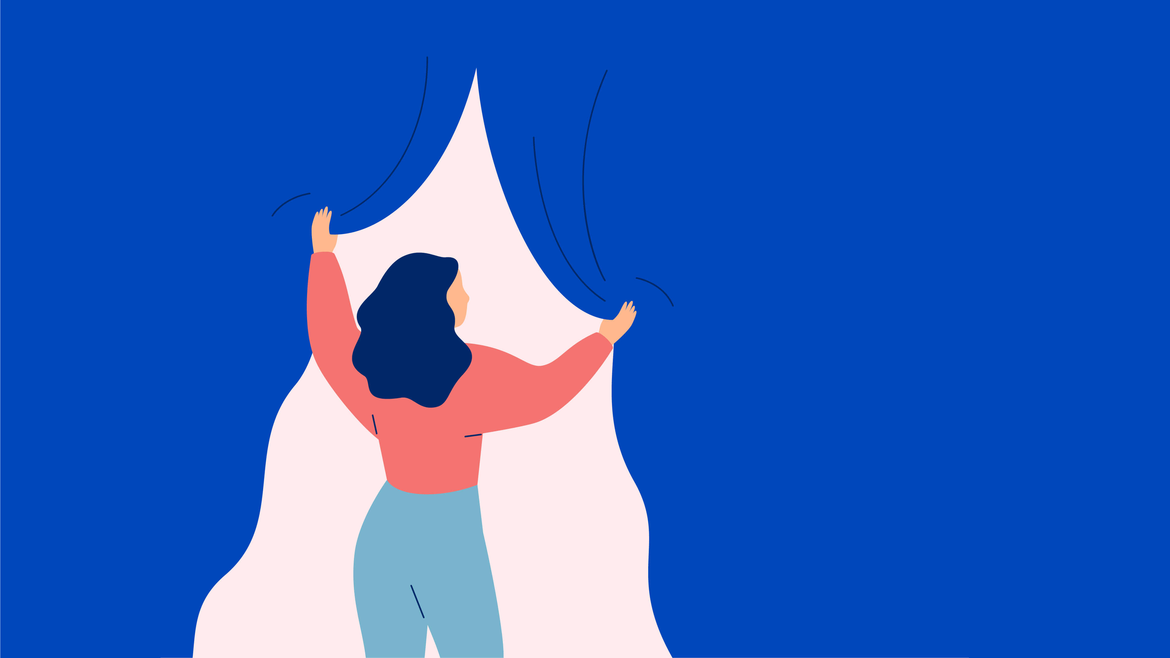 An illustration of a woman looking through a large curtain
