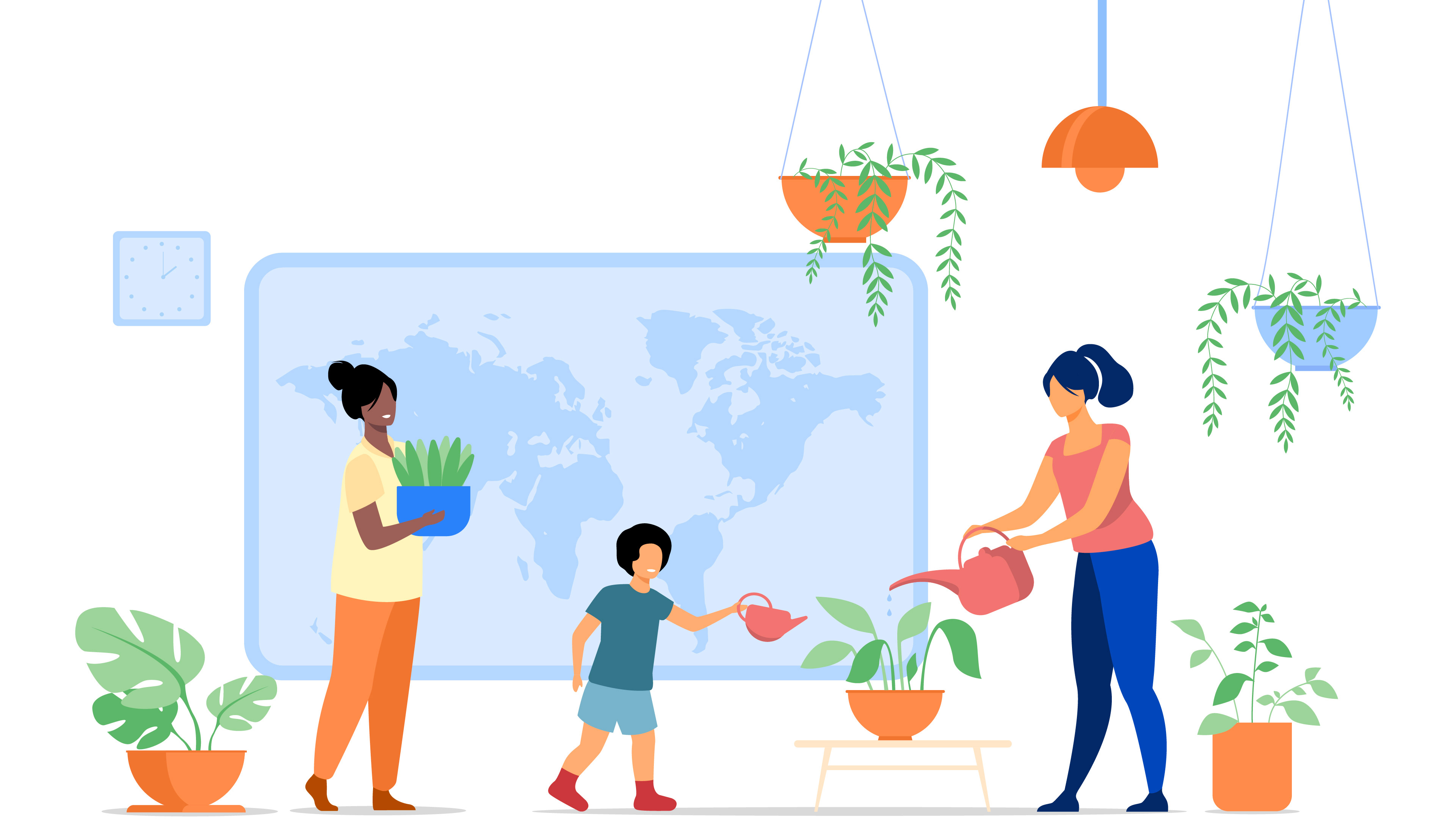 An illustration of people and plants representing physical environments to support staff mental health and wellbeing