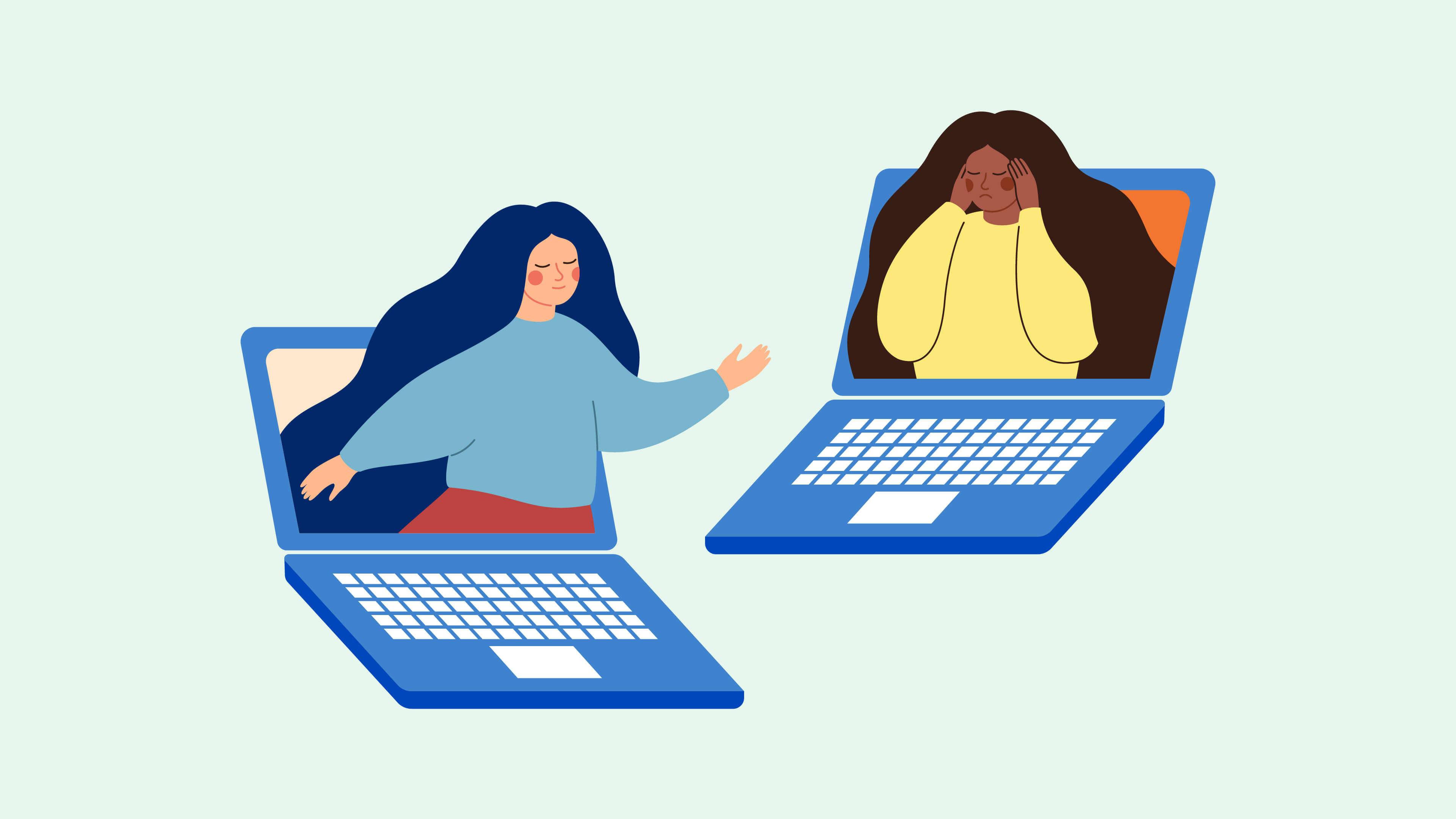 An illustration of one woman reaching out to support another woman 