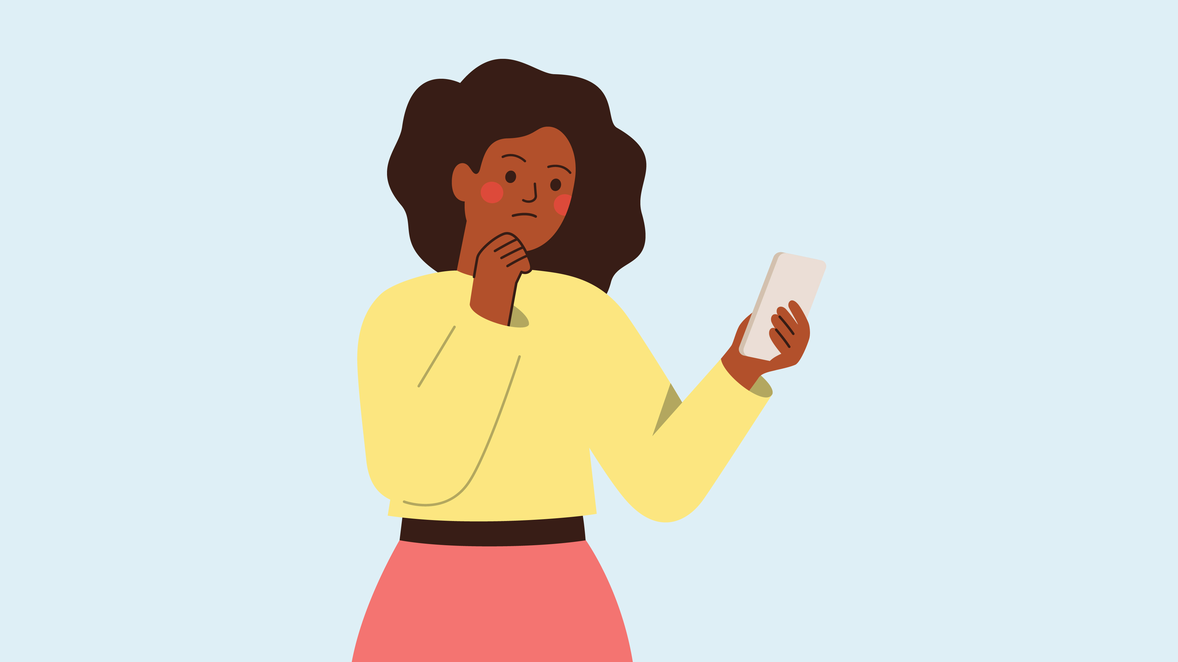 A simple illustration of a woman looking anxiously at her phone 