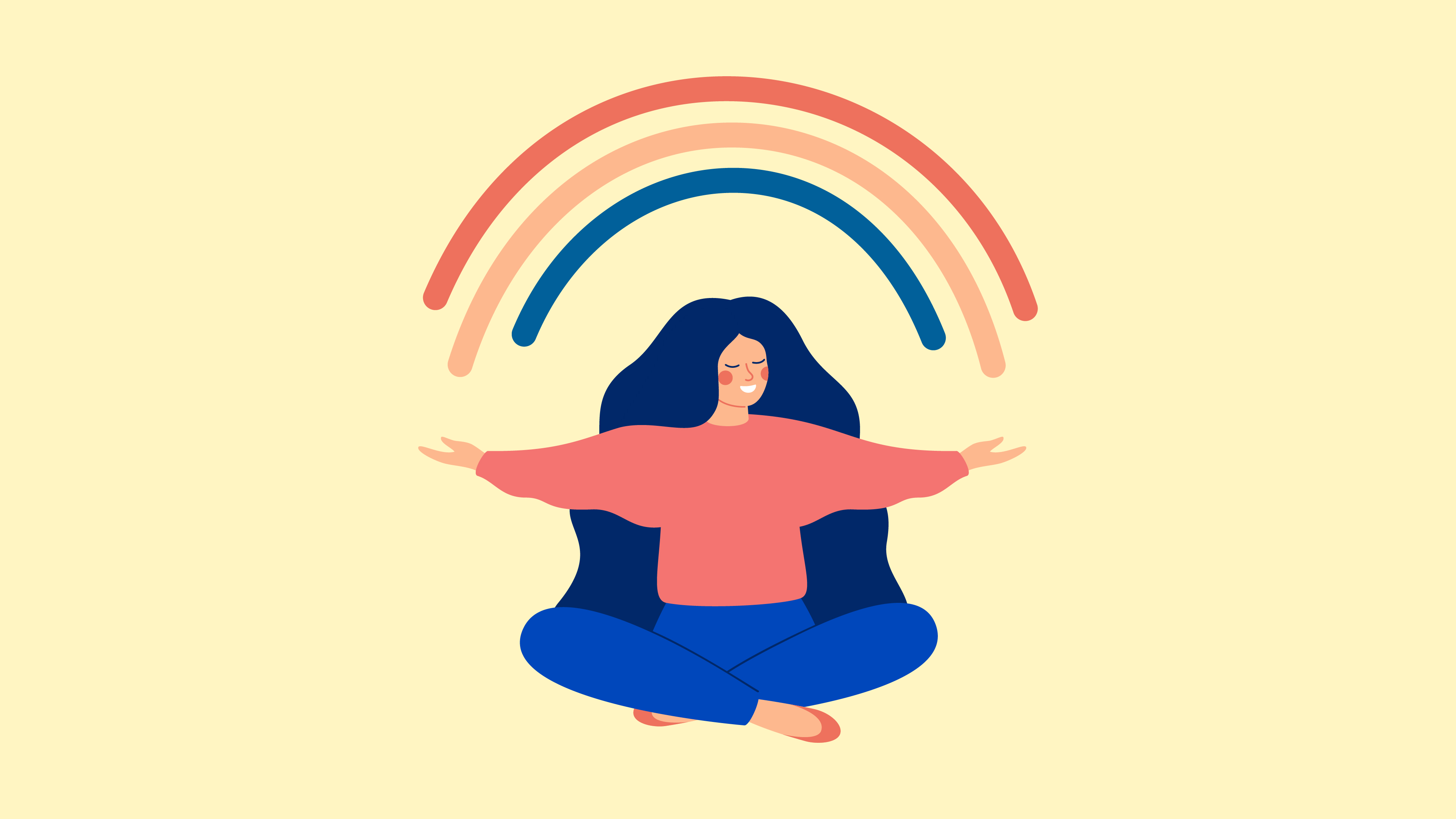 An illustration of a woman sitting crossed leg with a rainbow 