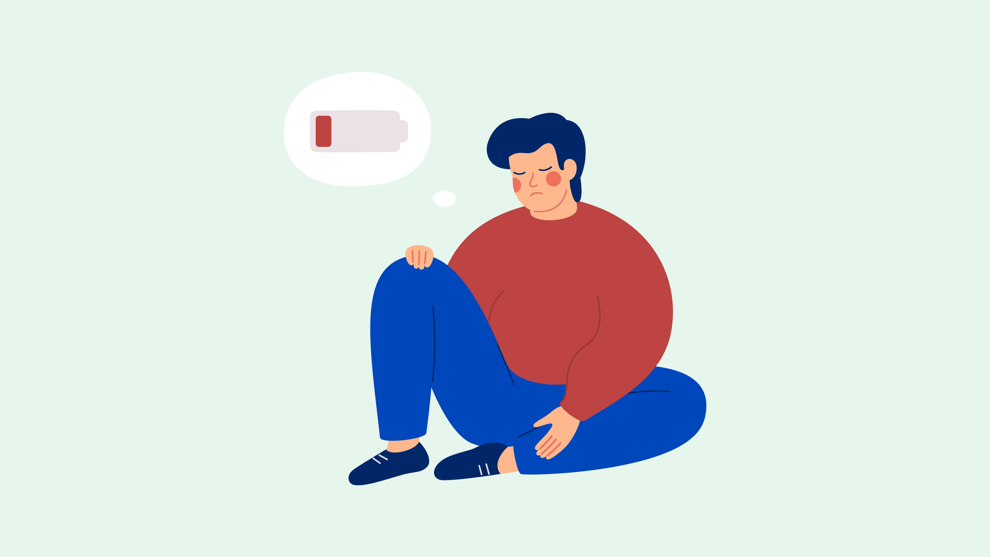 A simple illustration of a man sitting with a low battery symbolising low energy or mood