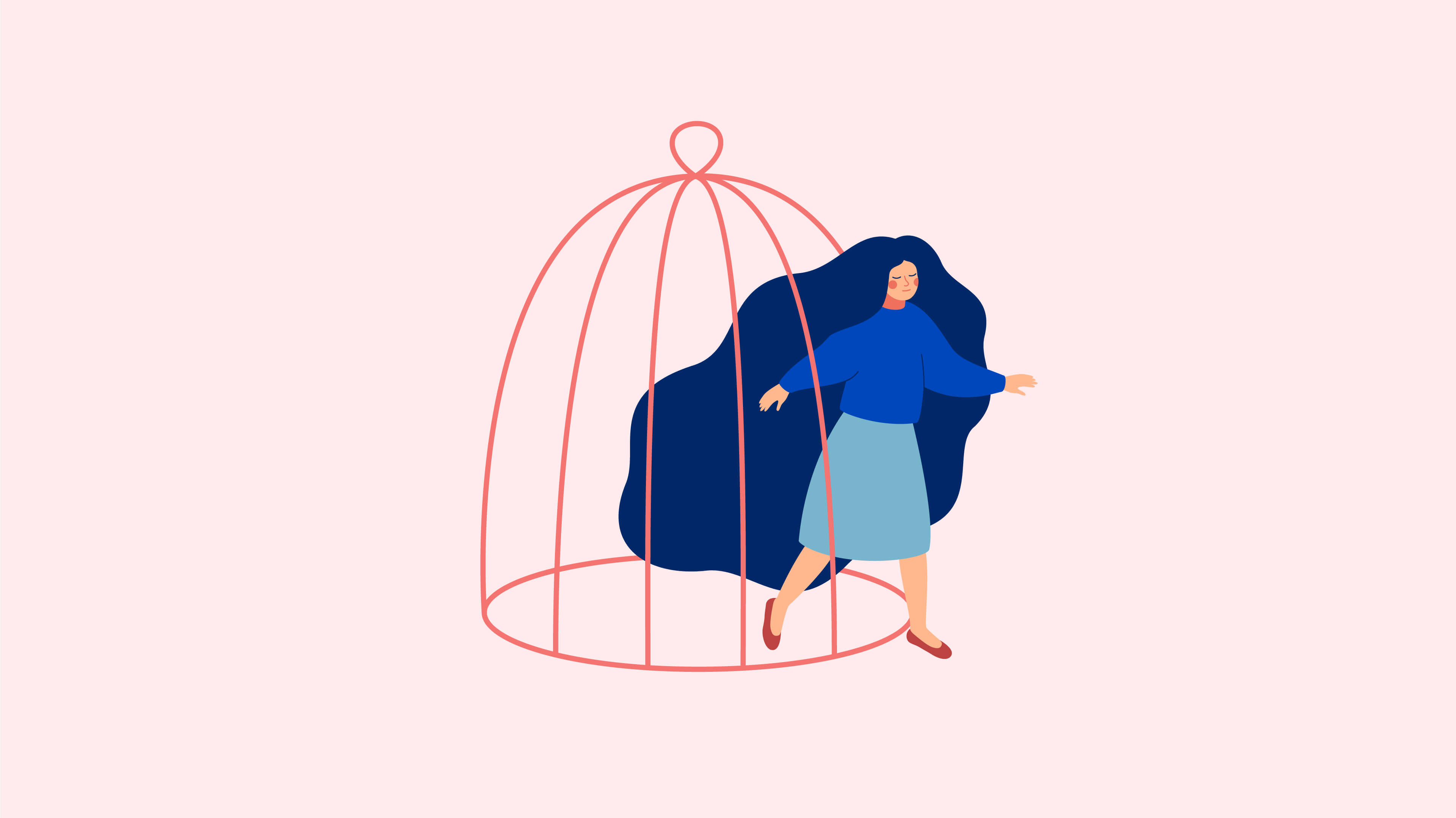 An illustration of woman escaping a cage