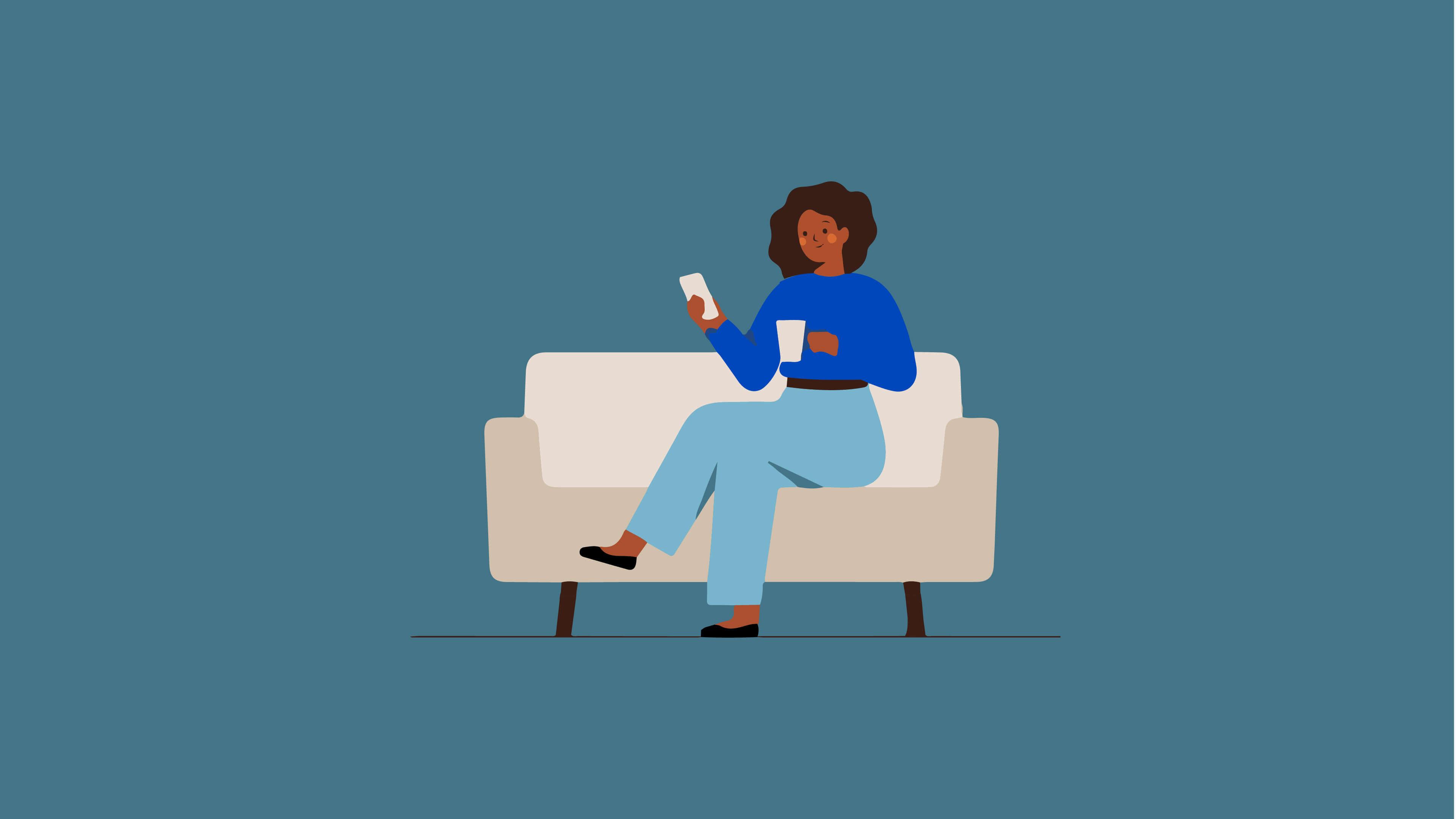 A simple illustration of a woman sitting on a sofa with her phone 
