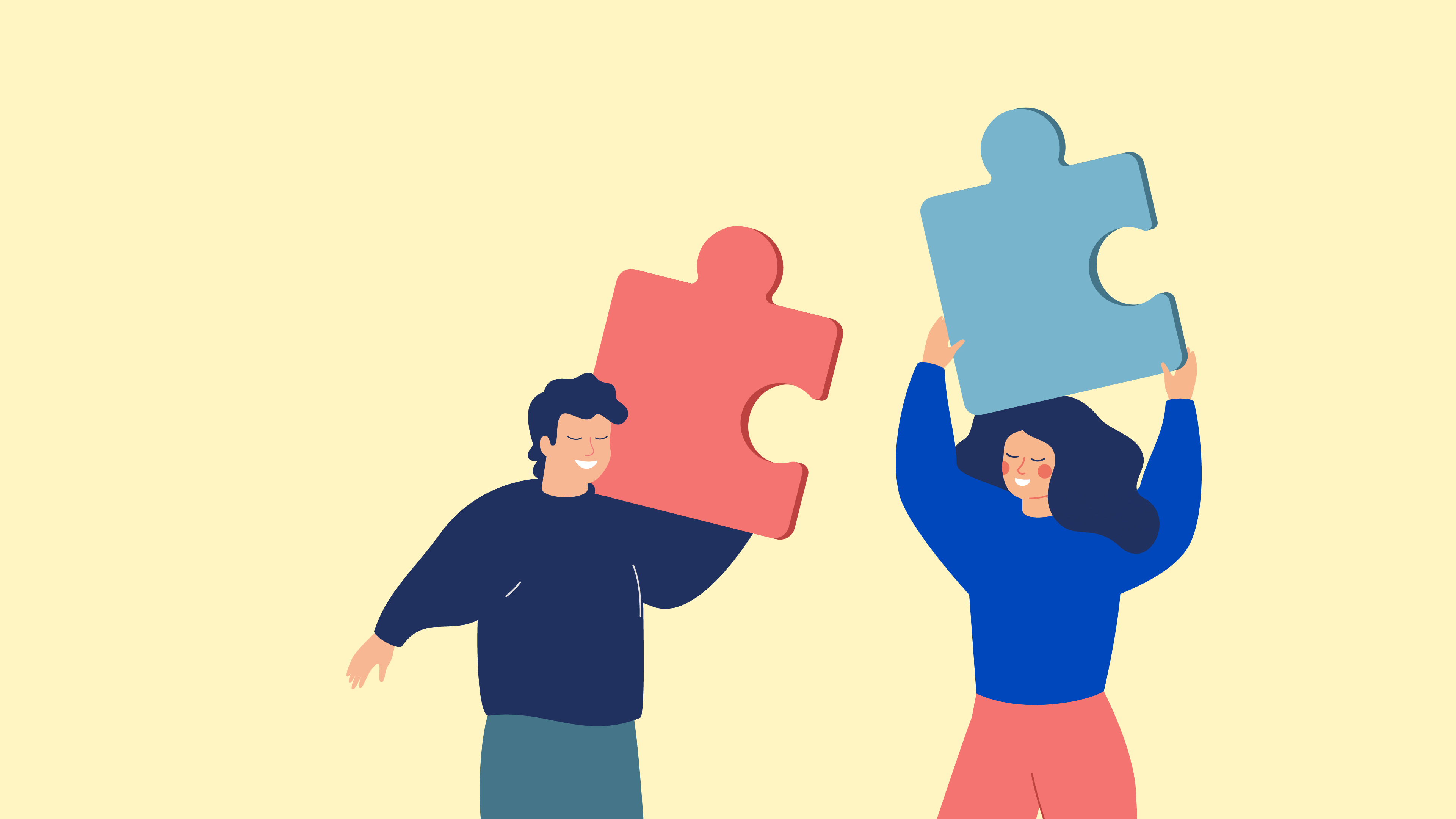 An illustration of a man and woman with puzzle pieces 