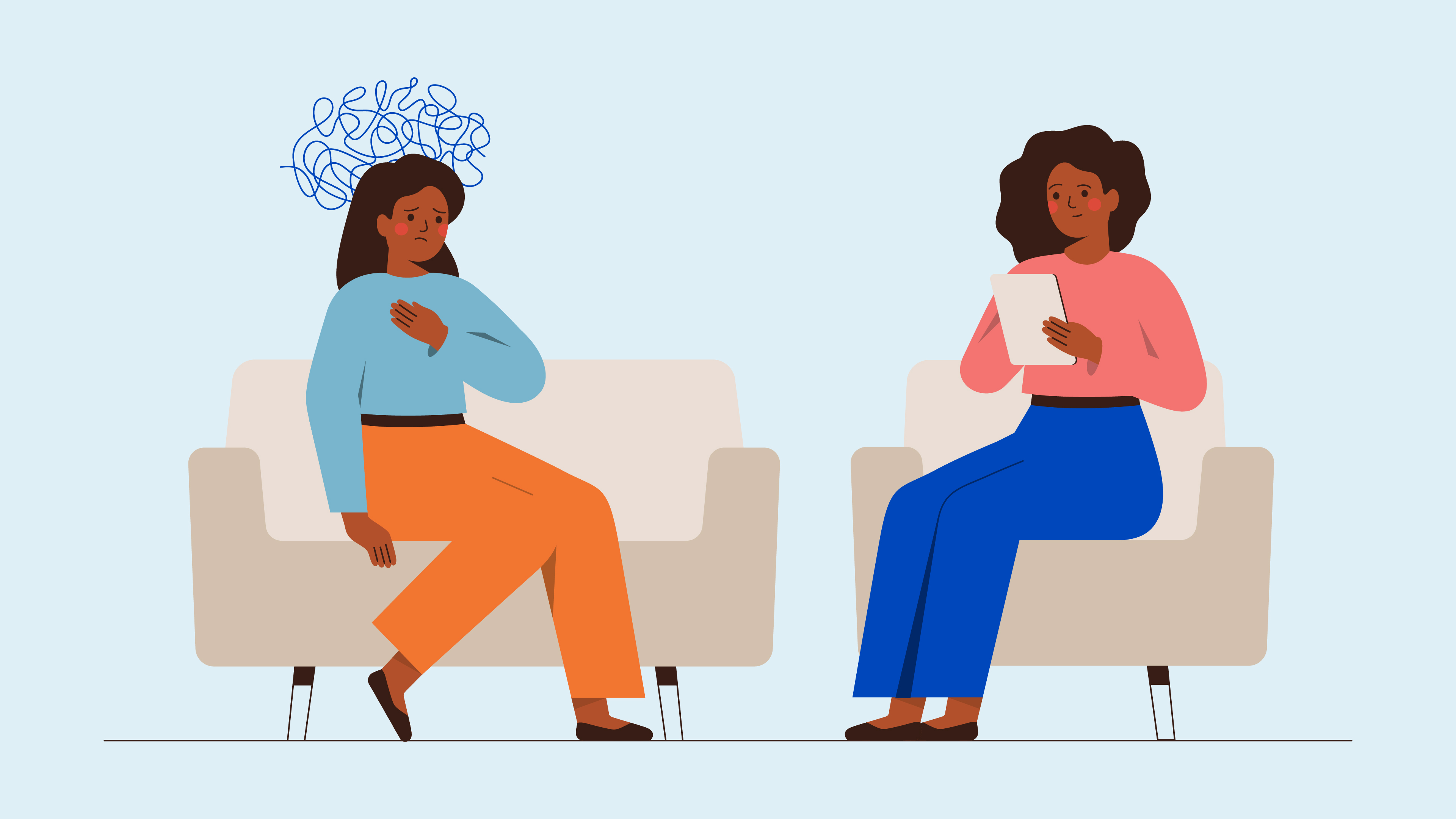 An illustration of two colleagues talking 