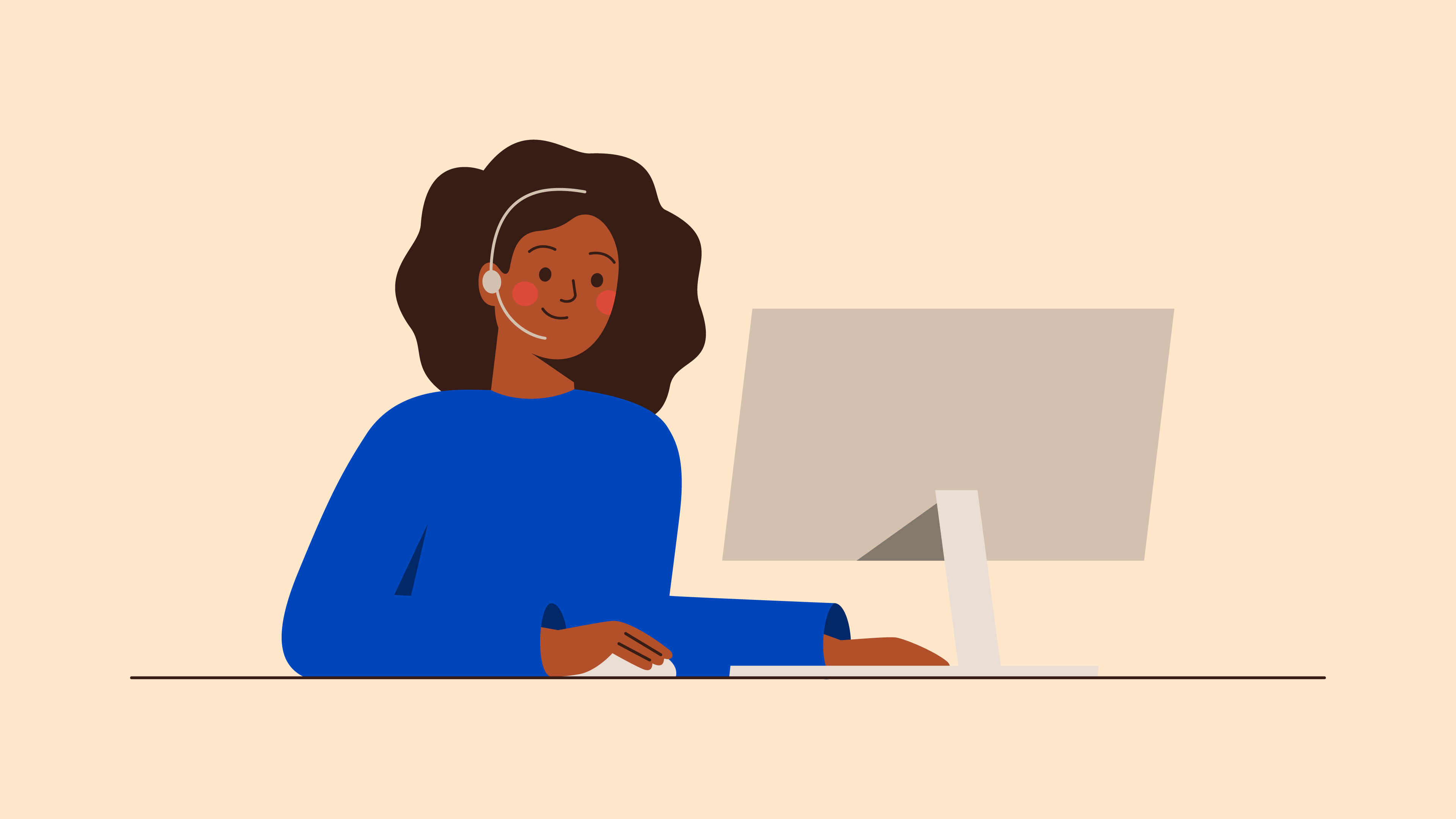 A simple illustration of a woman with a compute and headset 