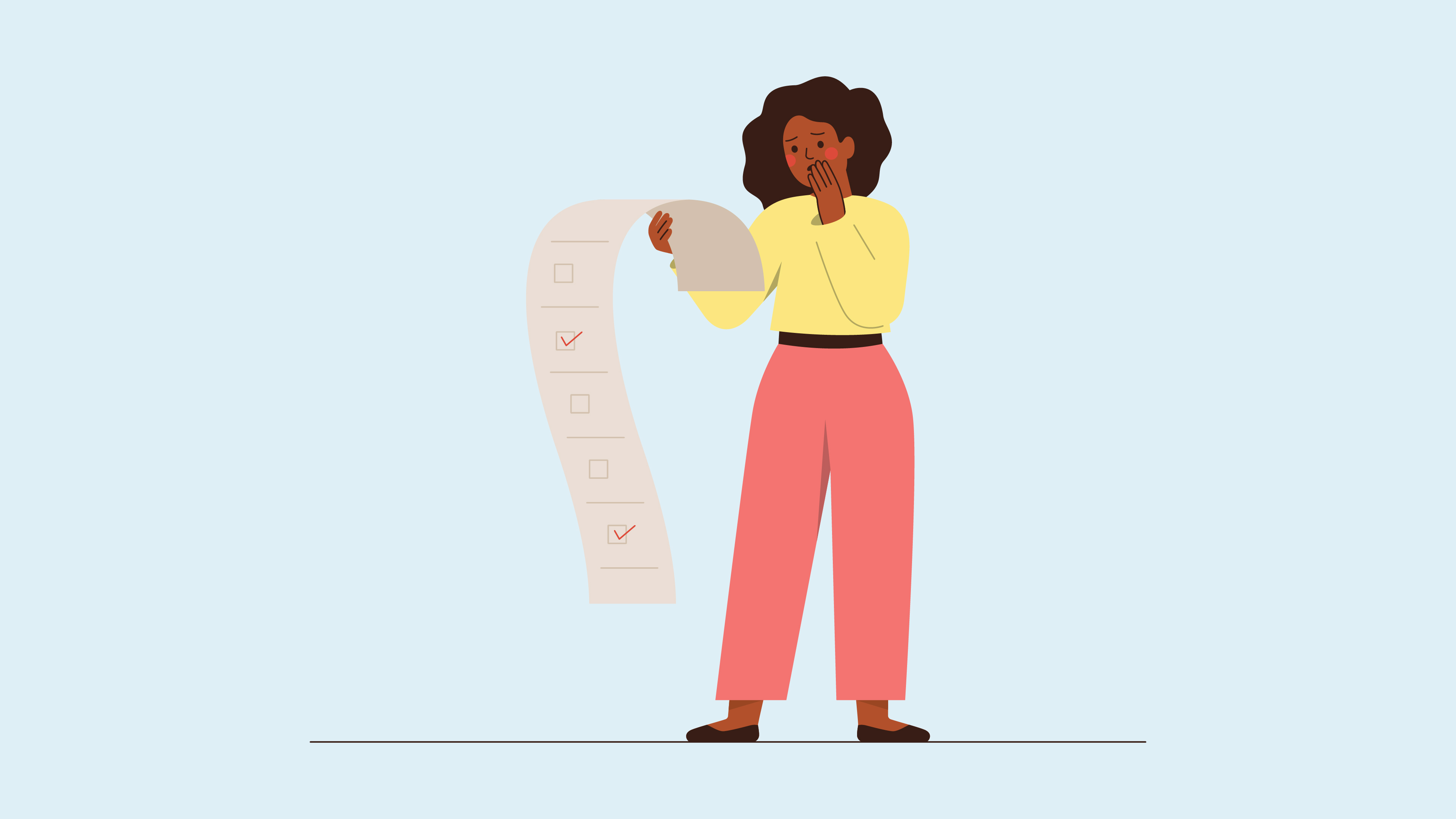 A simple illustration of a woman looking at bills 