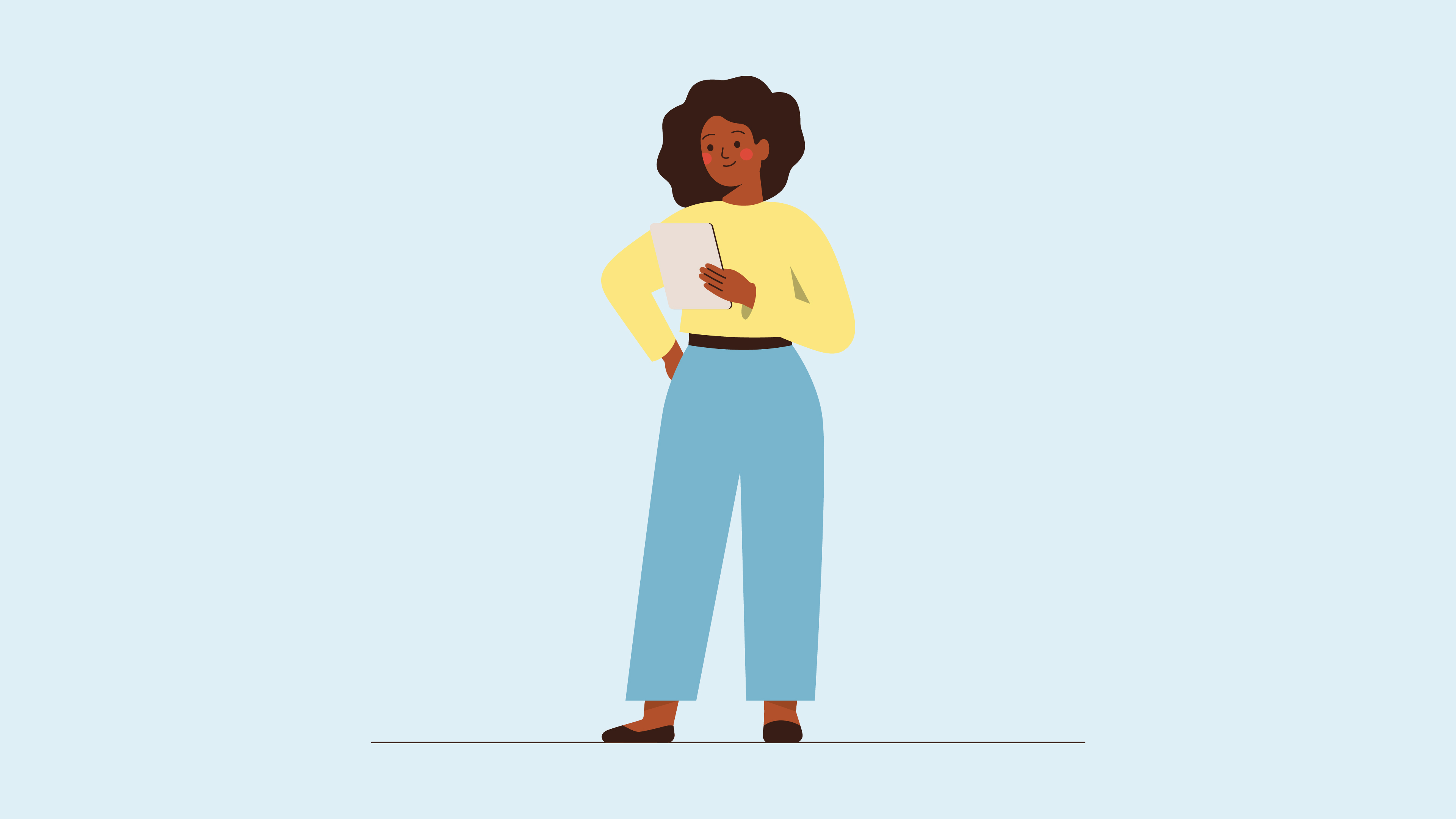 A simple illustration of a woman looking at her tablet computer