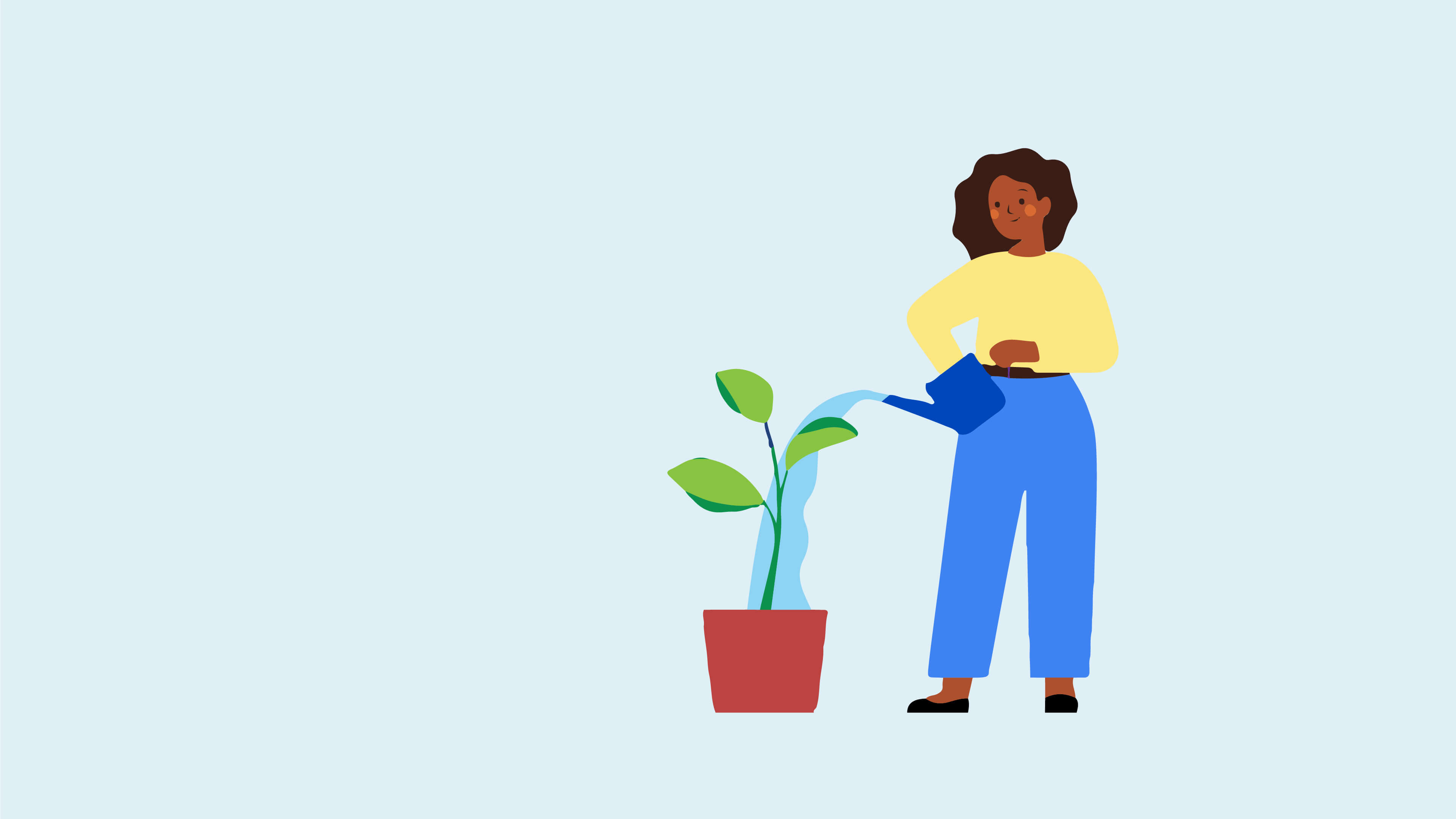 An illustration of a woman watering a plant representing self-care