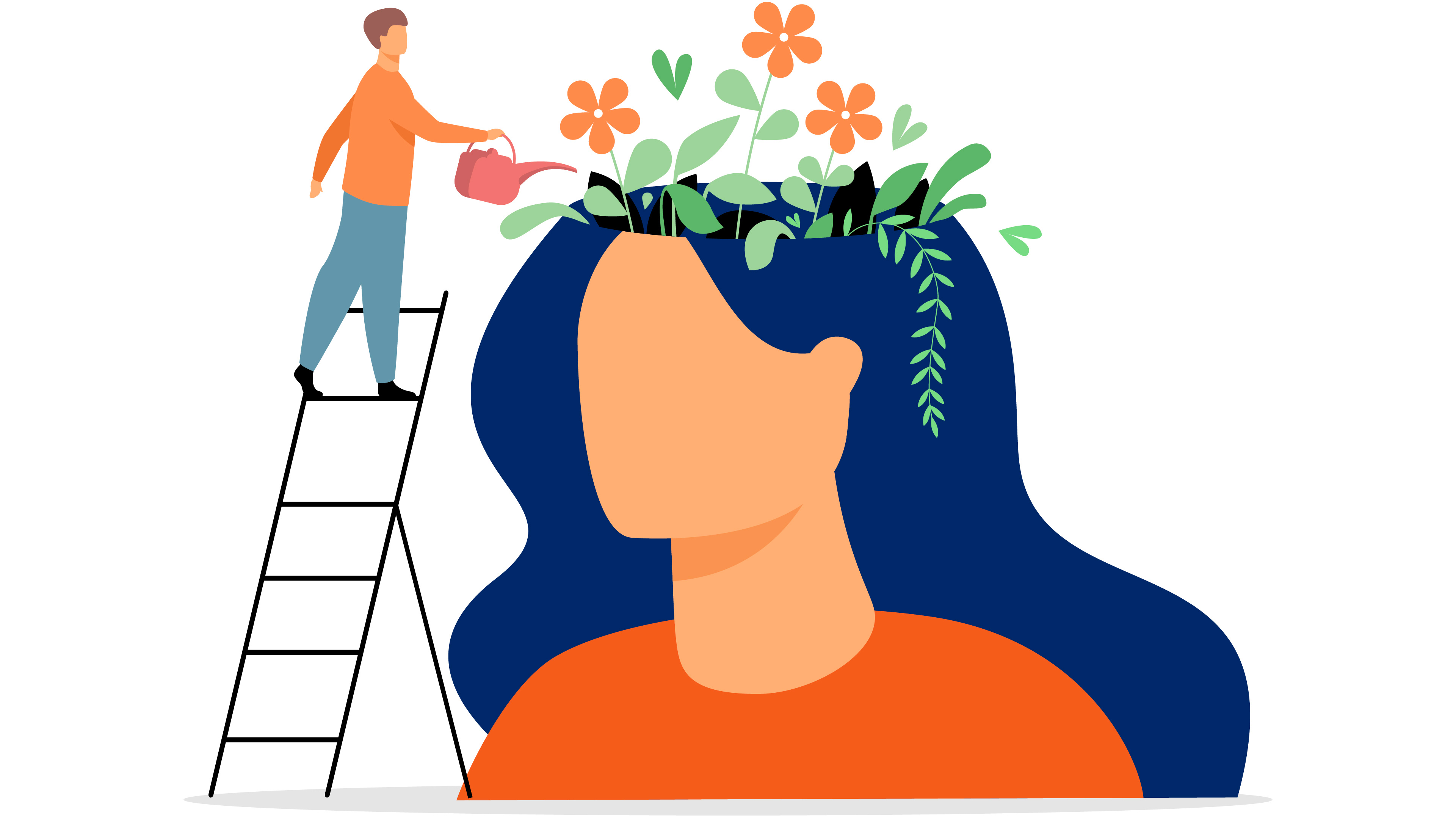 A simple illustration of a woman's head full of flowers representing mental health awareness