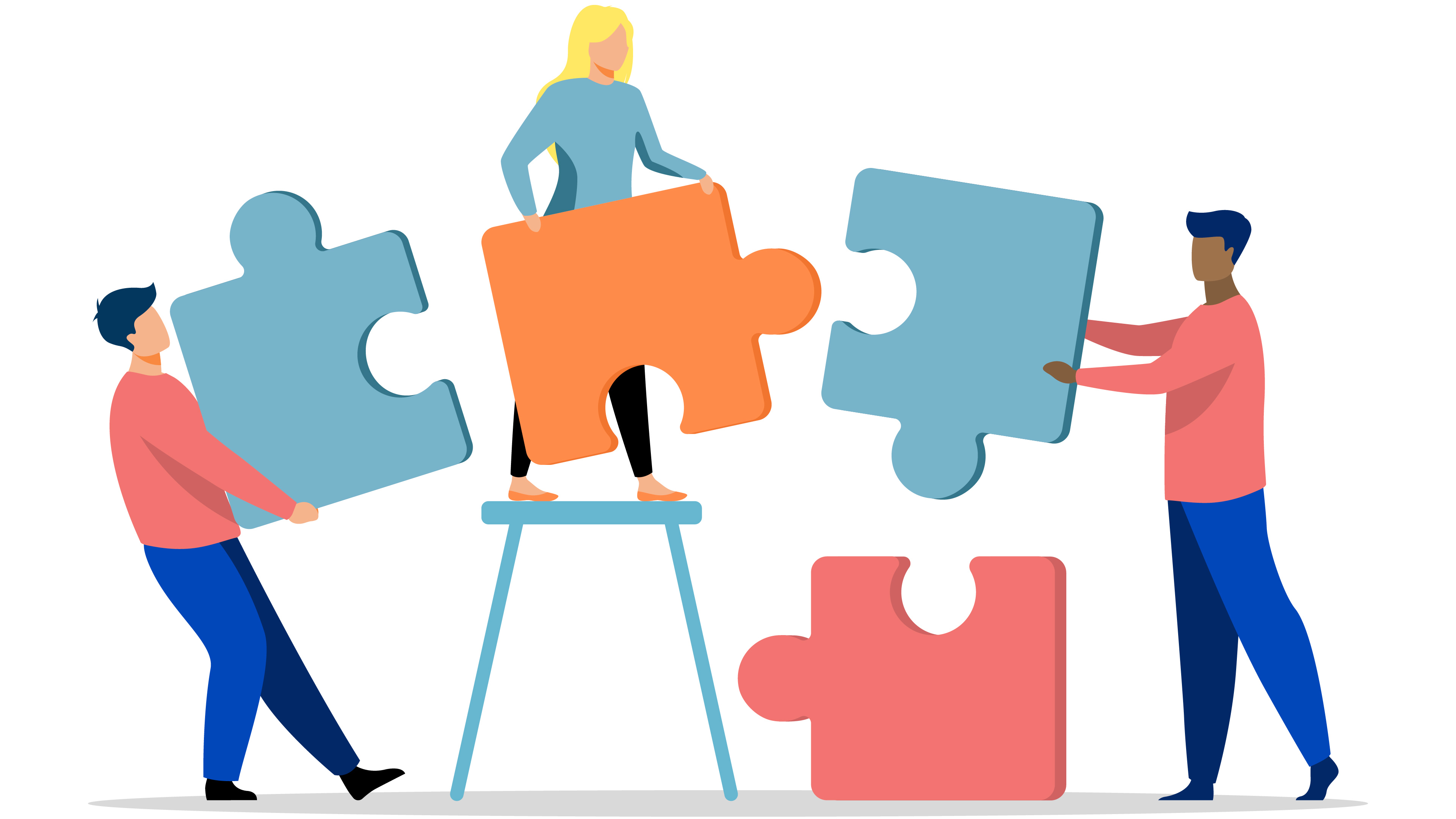 An illustration of colleagues working together to solve a puzzle 