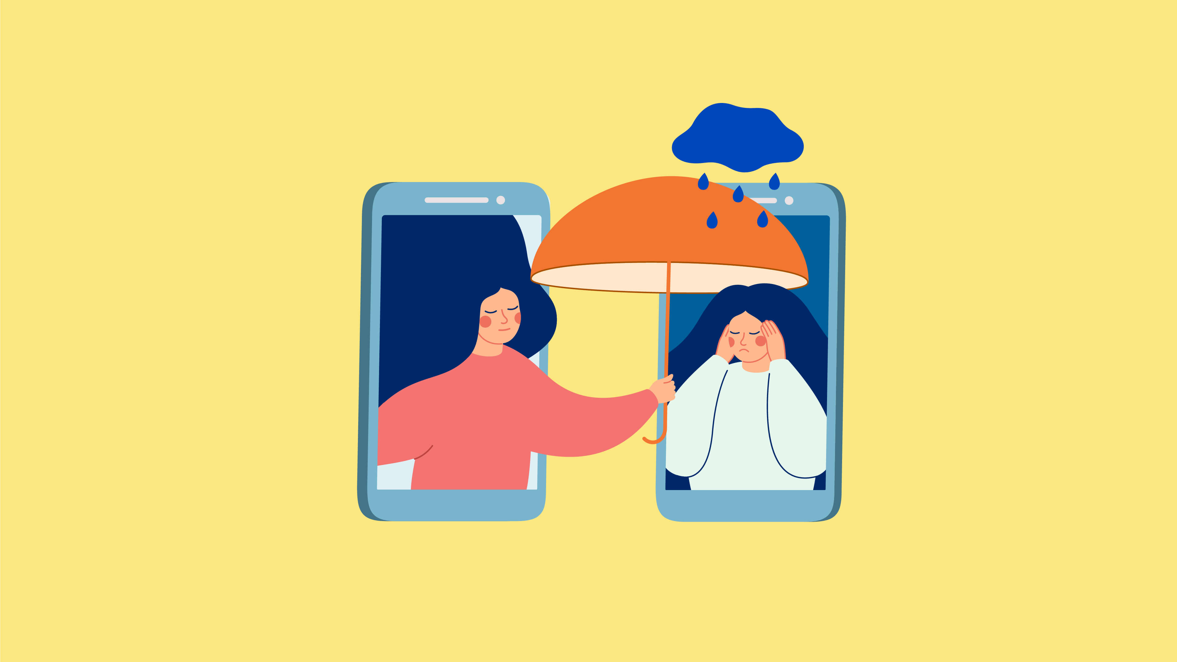 A simple illustration of a woman holding an umbrella to support a friend or colleague 