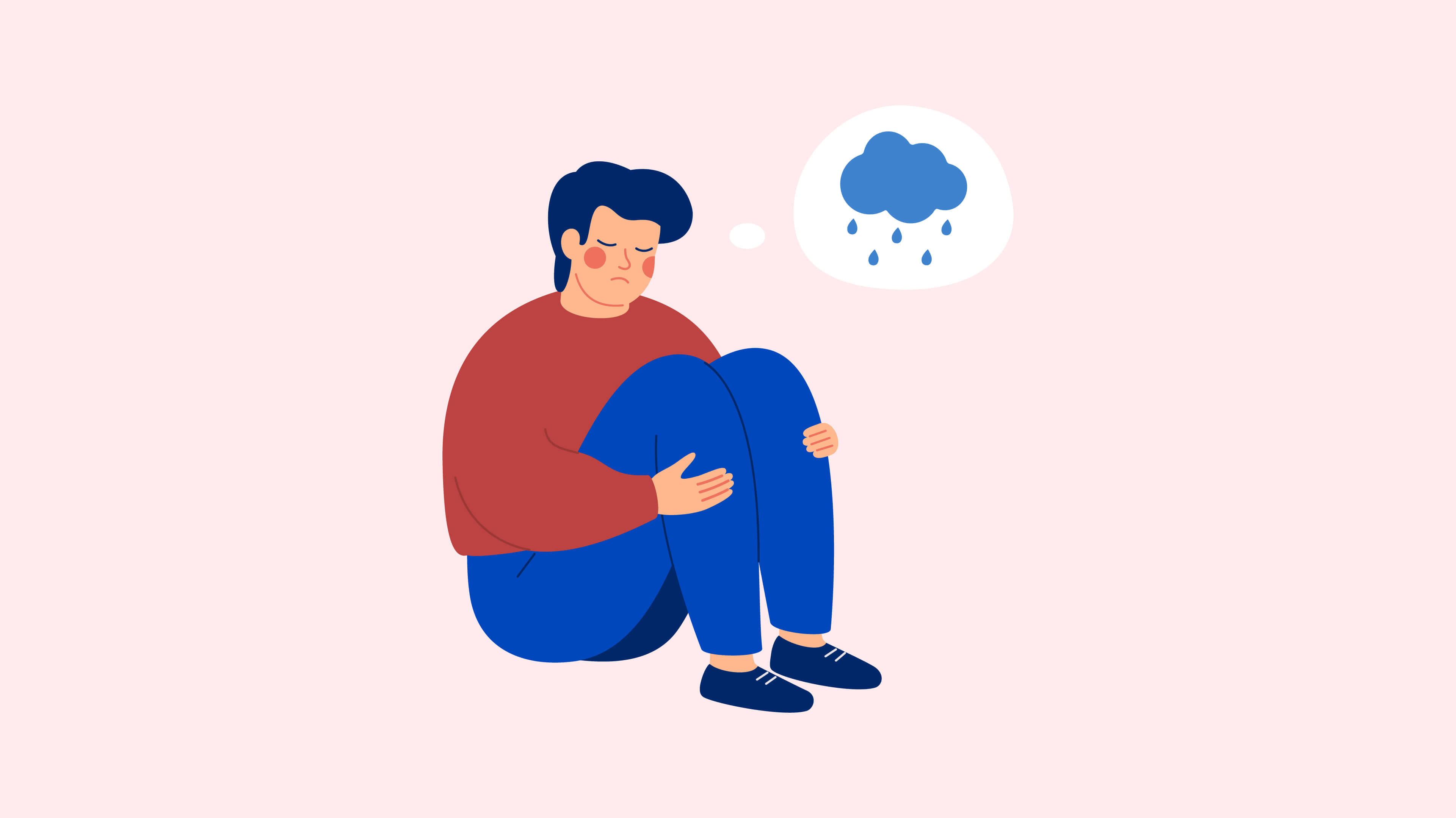 A simple illustration of a man sitting with a rainy cloud symbolising low energy or mood