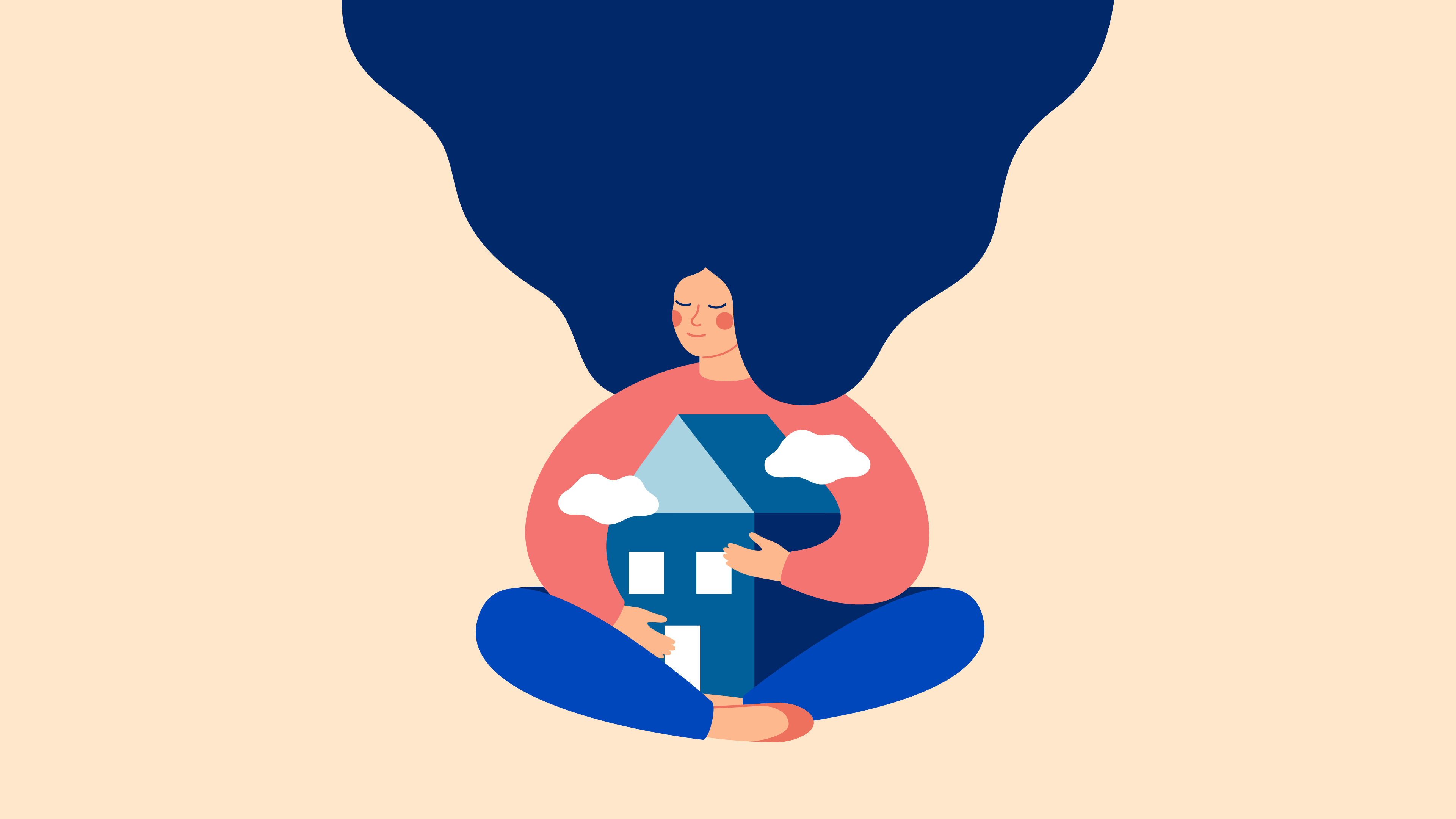 A simple illustration of a woman holding a dolls house representing financial worries