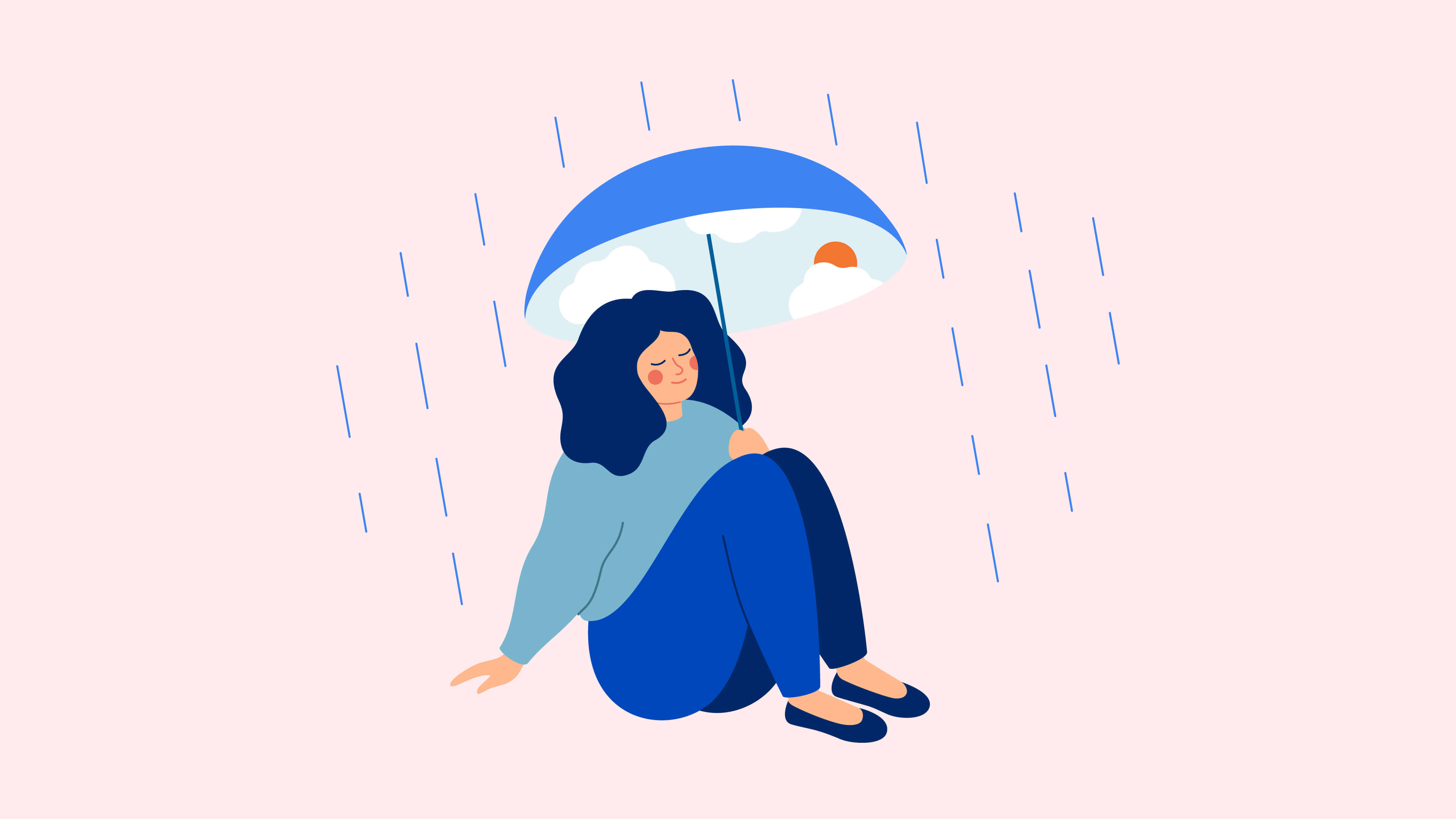 An illustration of a woman under an umbrella in the rain
