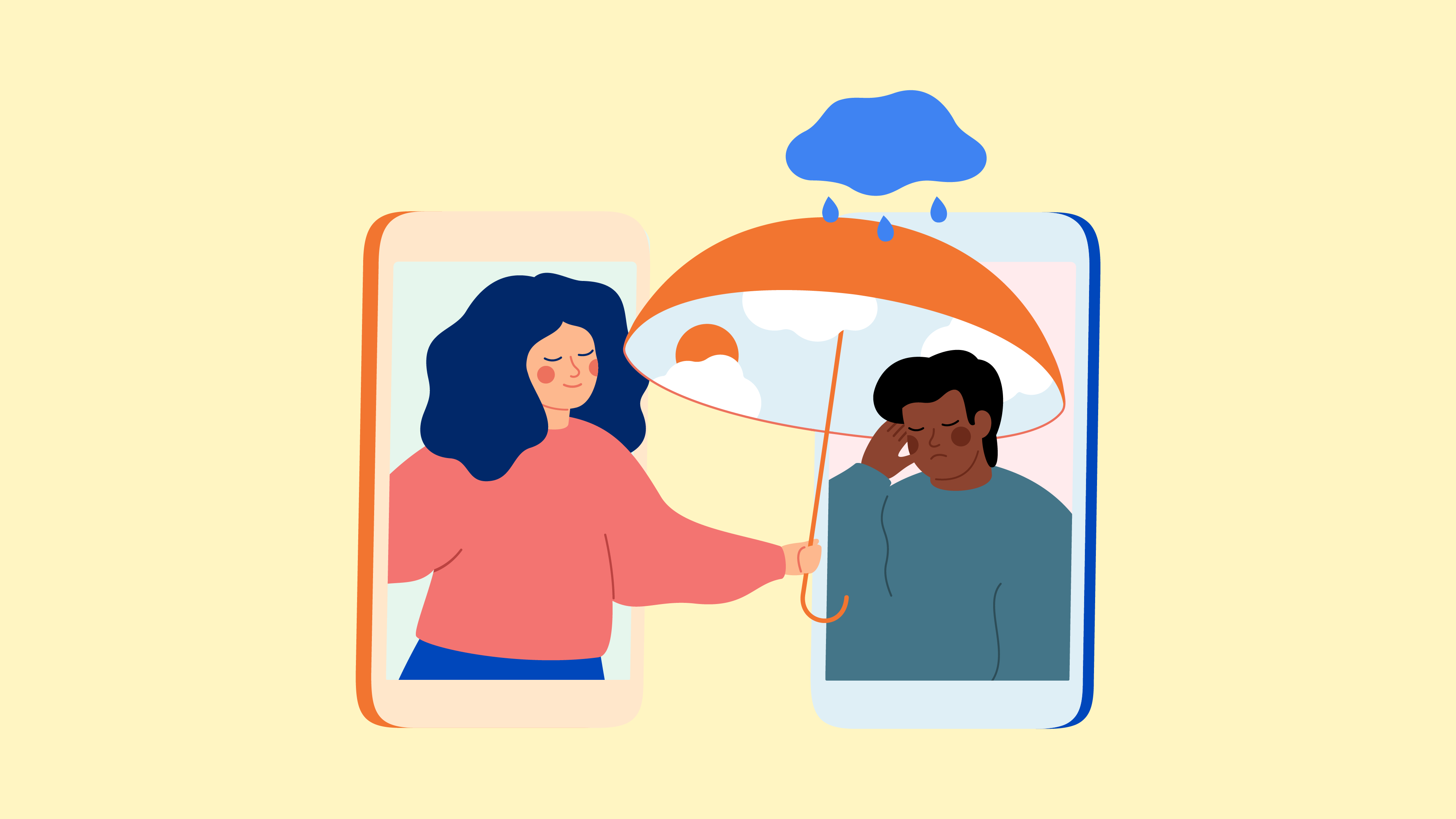Illustration of woman holding umbrella over sad looking man.
