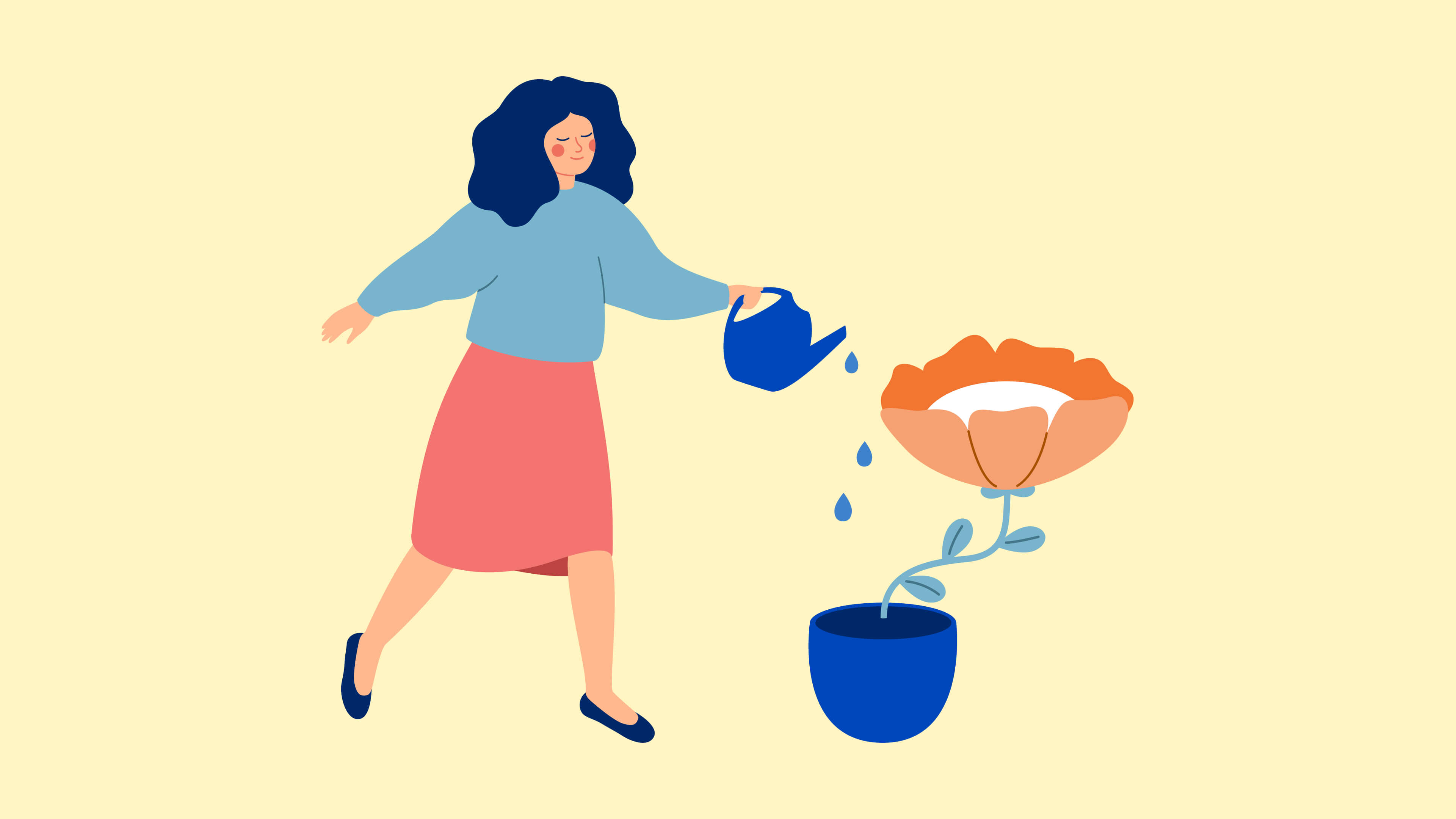 An illustration of a woman watering a plant 