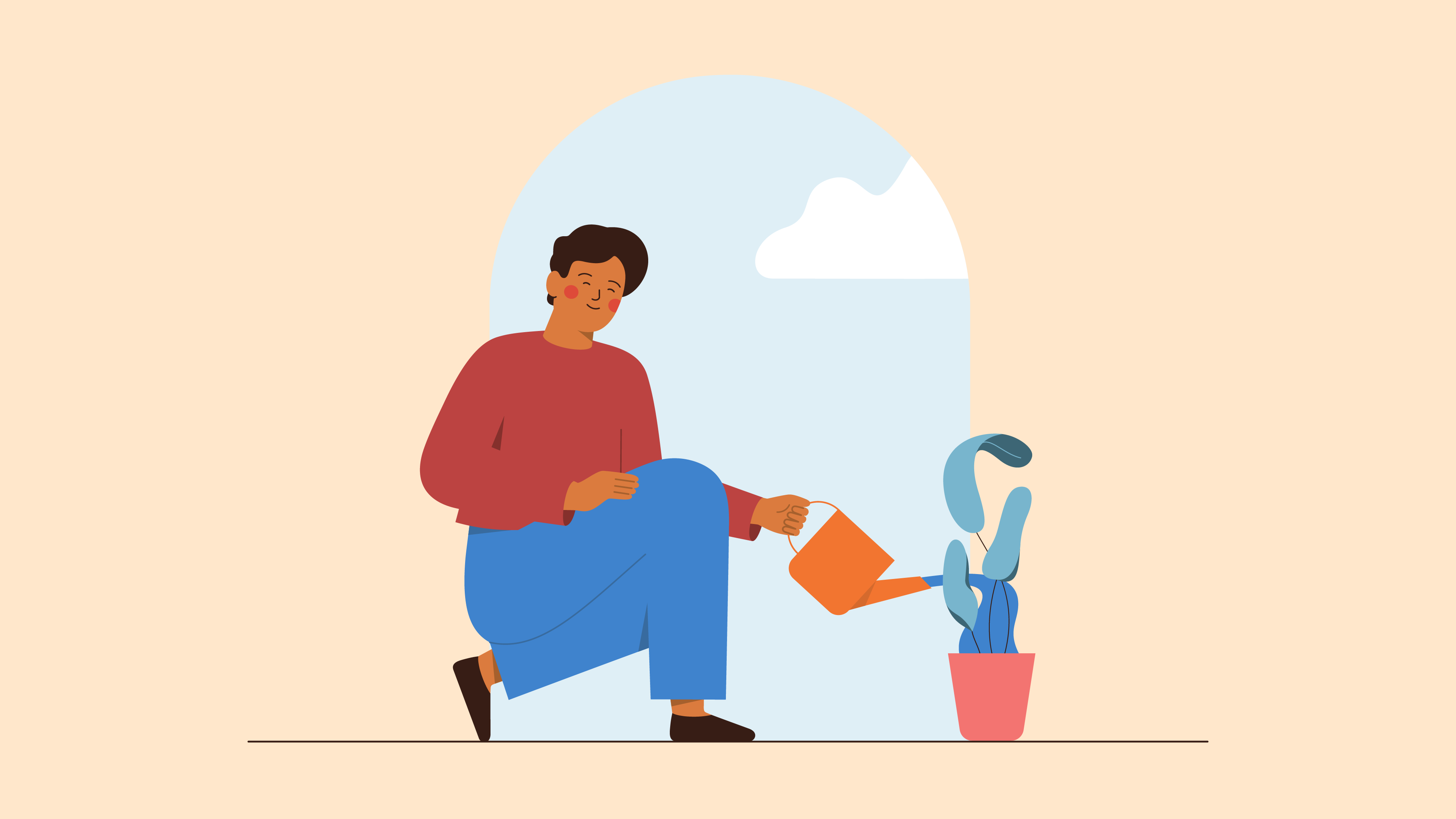 Man happy watering plants 