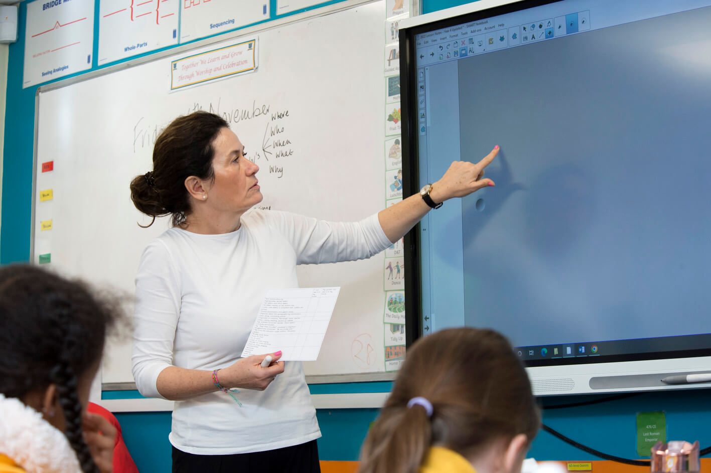 Teacher pointing at a whiteboard