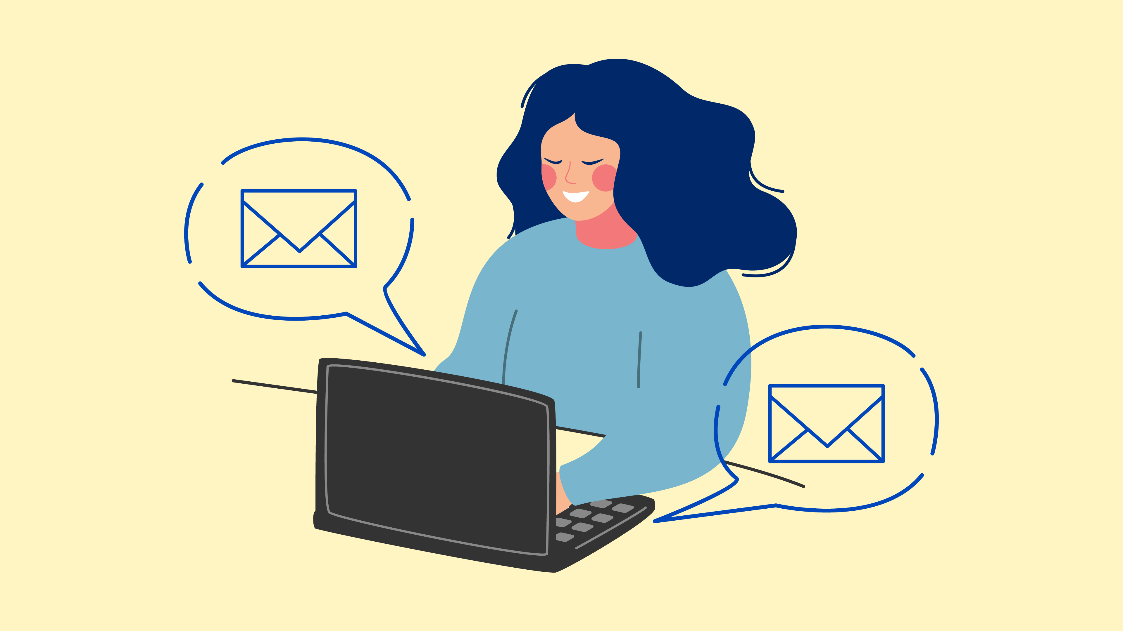 A simple illustration of a woman looking at a laptop receiving emails