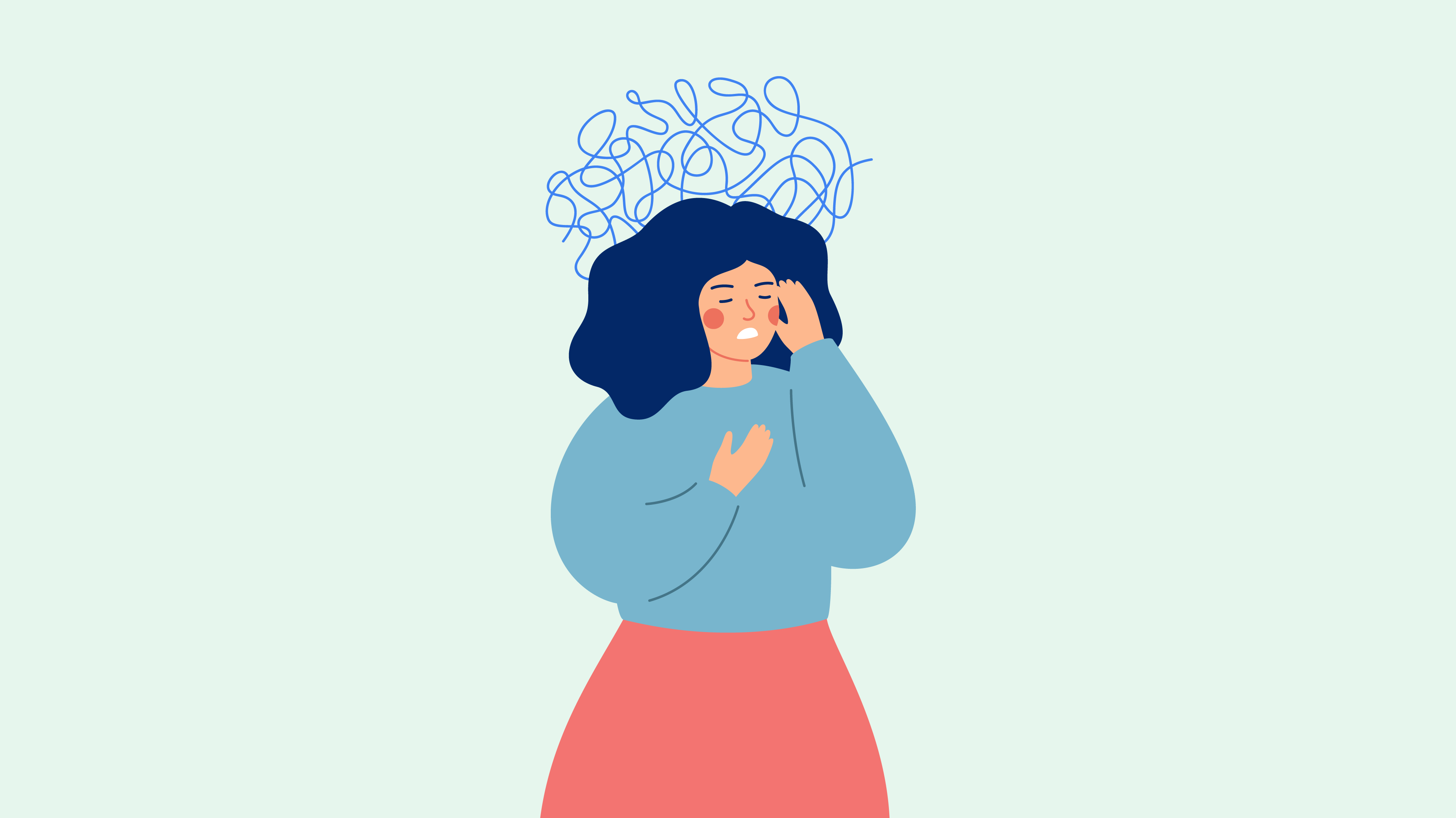 Illustration of a woman feeling anxious, shown with tense body language and overwhelming thoughts represented visually around them.