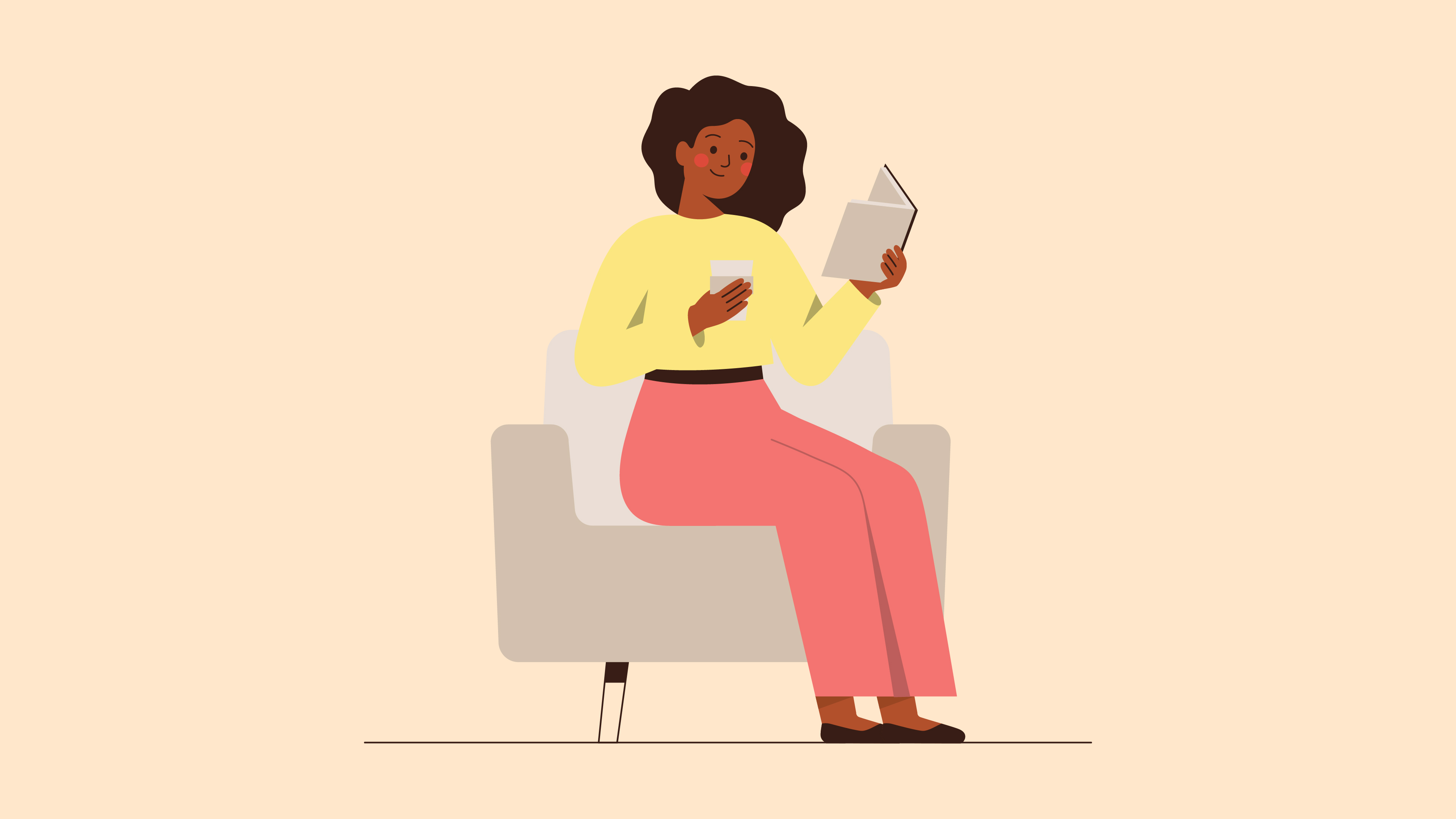 An illustration of a woman relaxing with a book and hot drink representing self care 