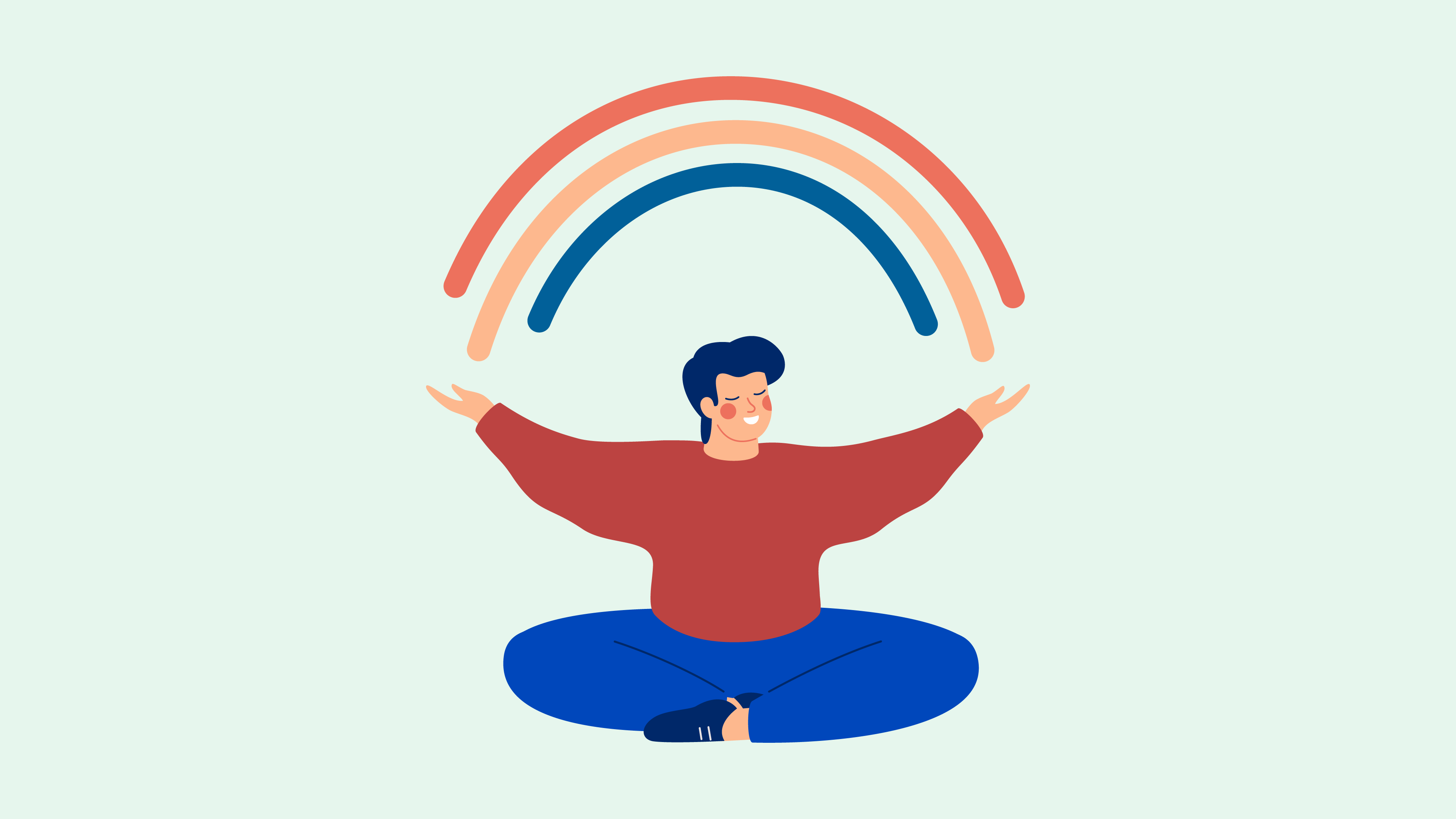 Man sitting happy with rainbow above