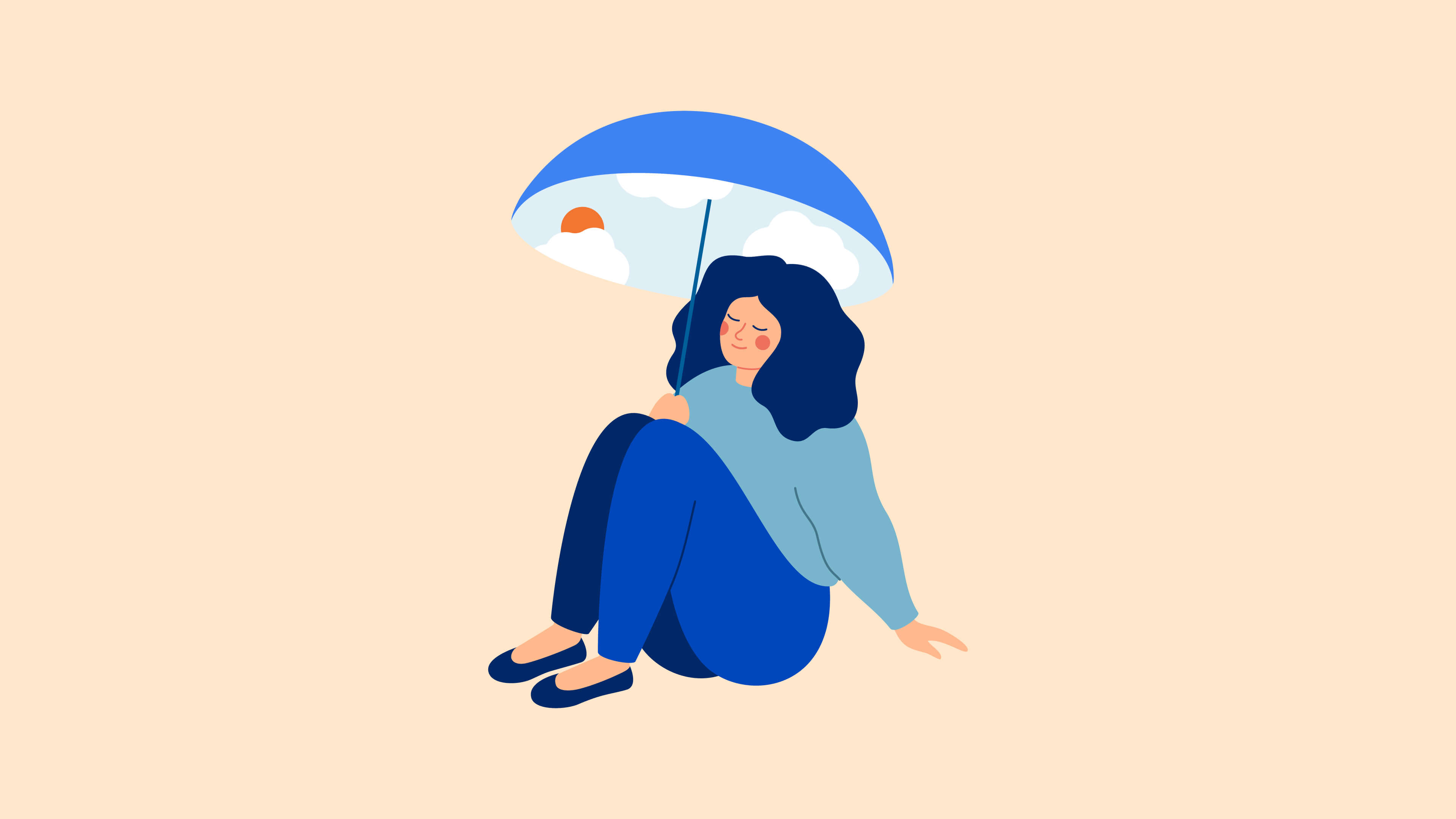 An illustration of a woman under an umbrella