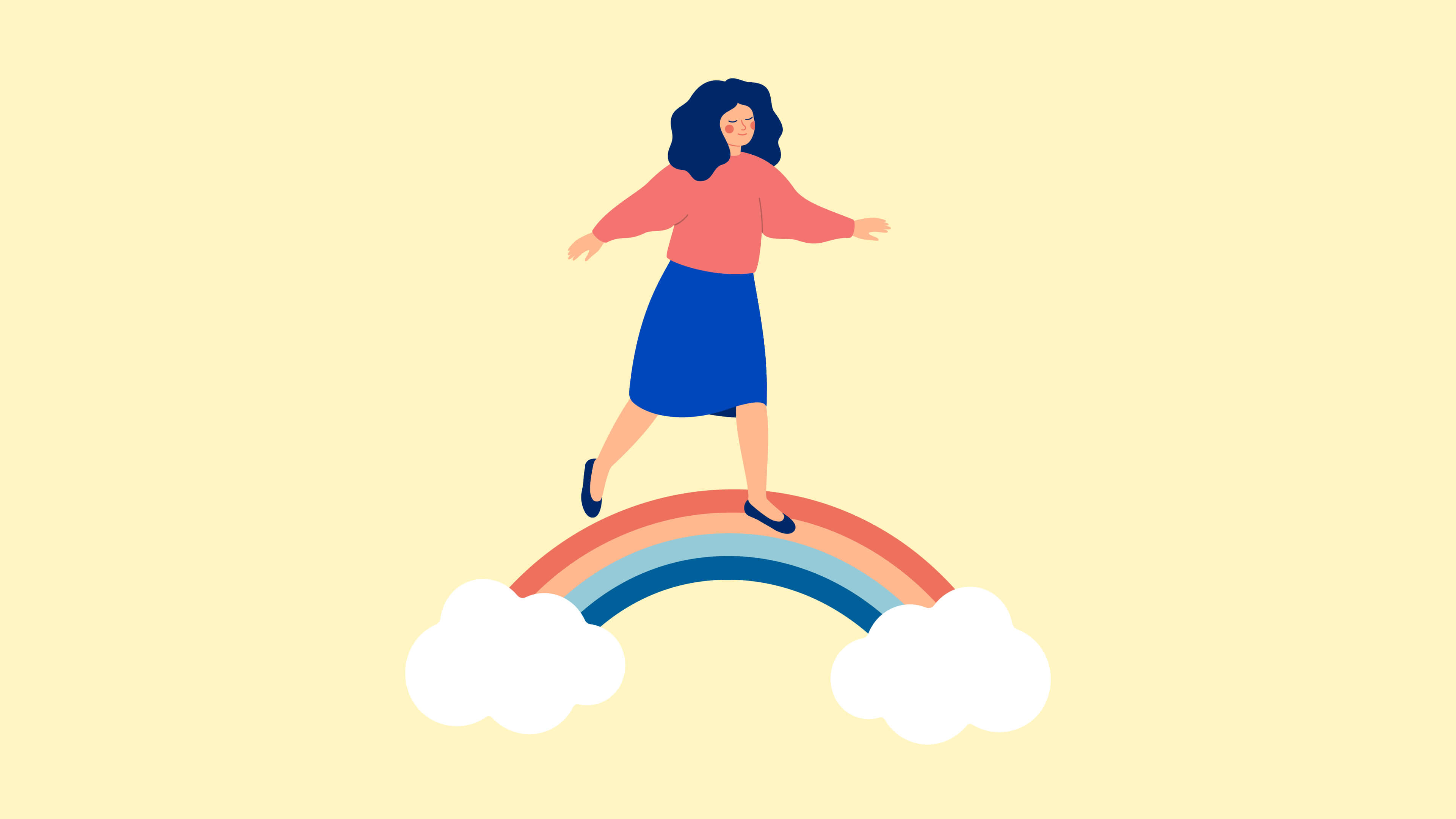 An illustration of a woman walking on a rainbow