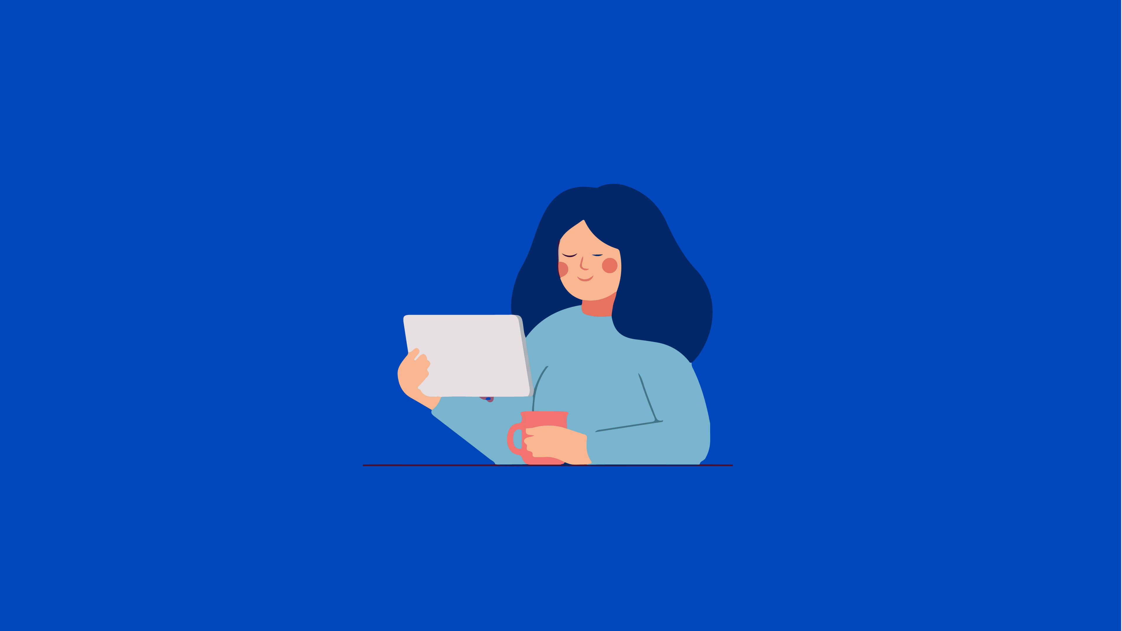 An illustration of a woman looking at a tablet computer 