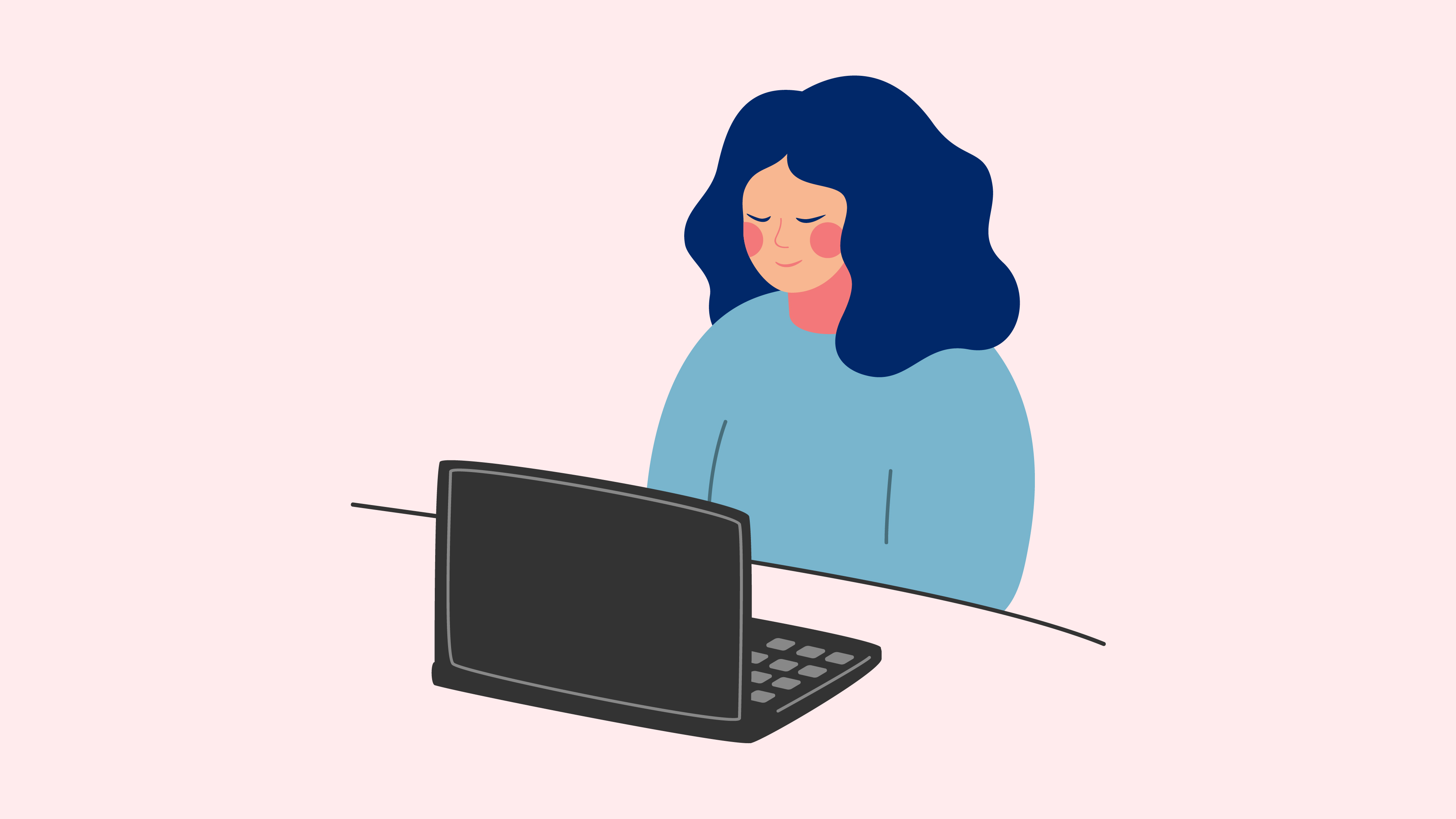 An illustration of a woman looking sad at her laptop 