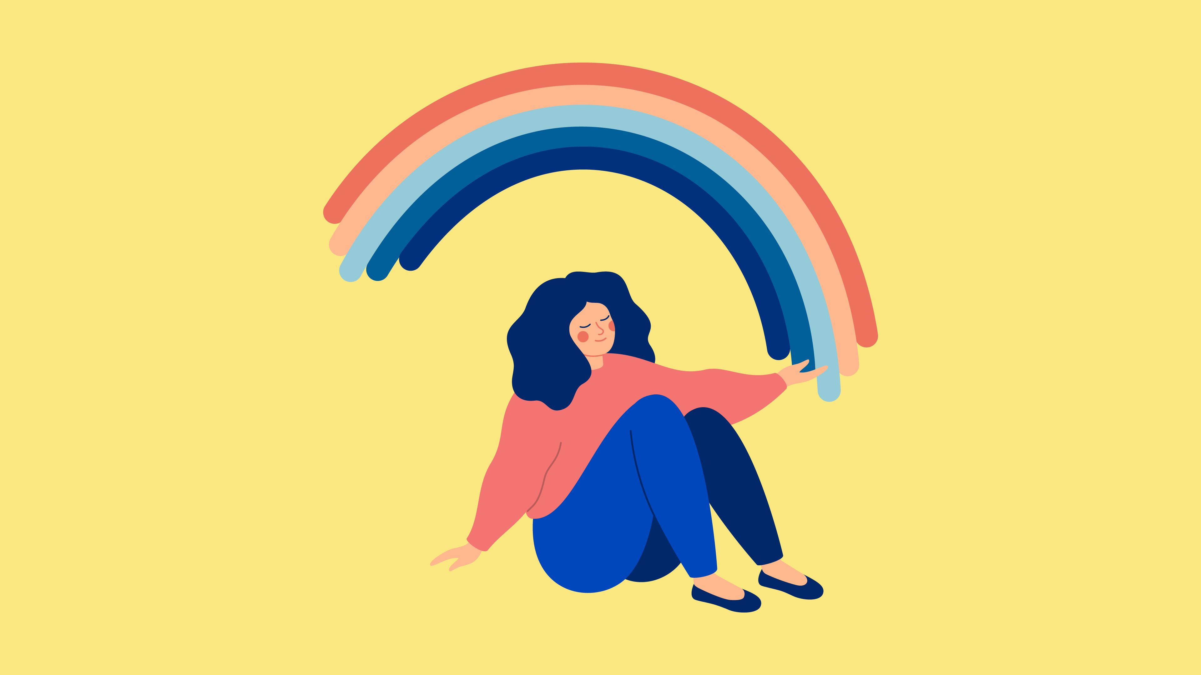 A simple illustration of a woman sitting with a rainbow 