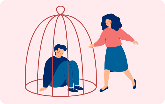 An illustration of a man in a cage and a woman helping him out
