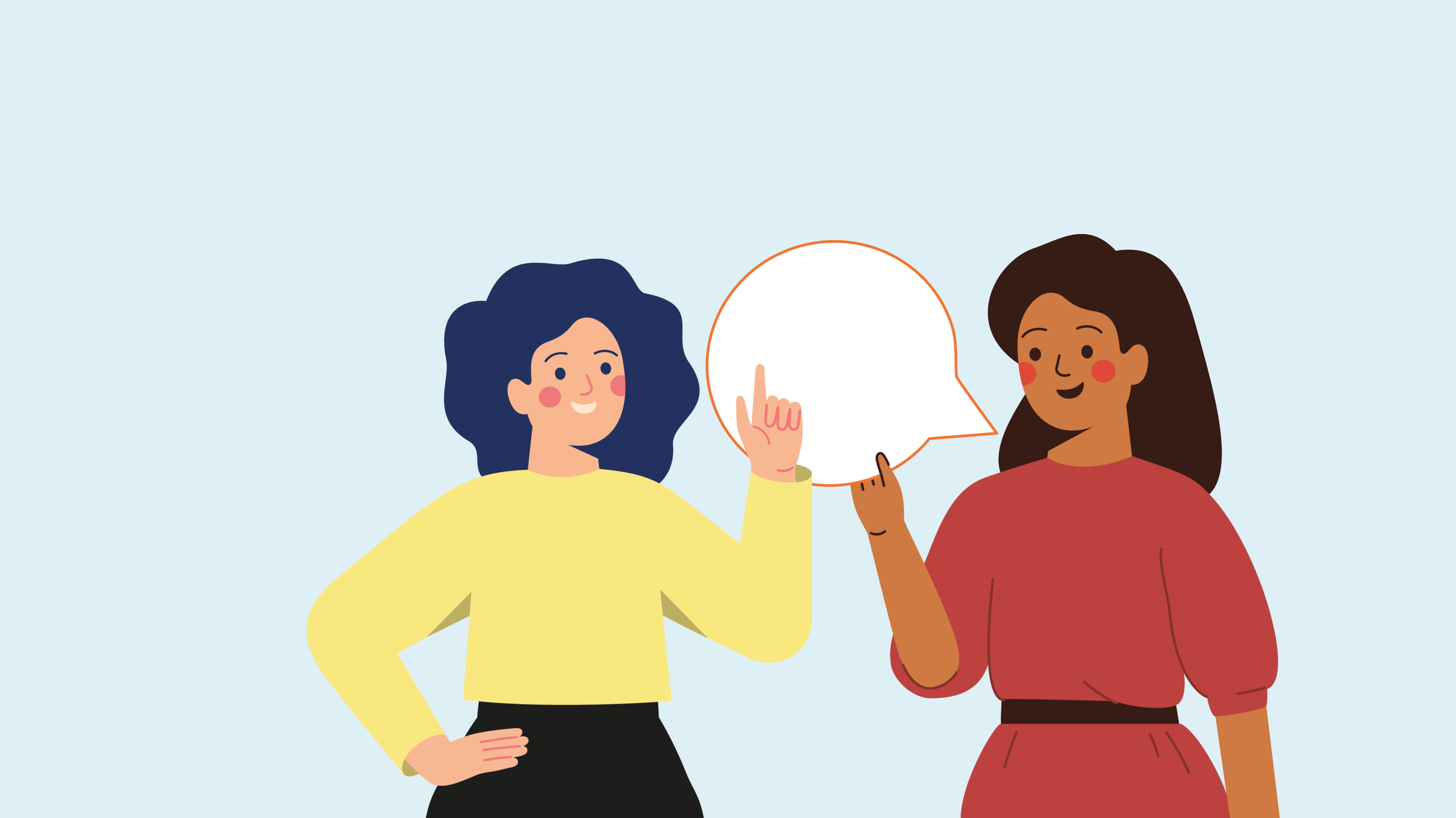 An illustration of two women with a speech bubble 