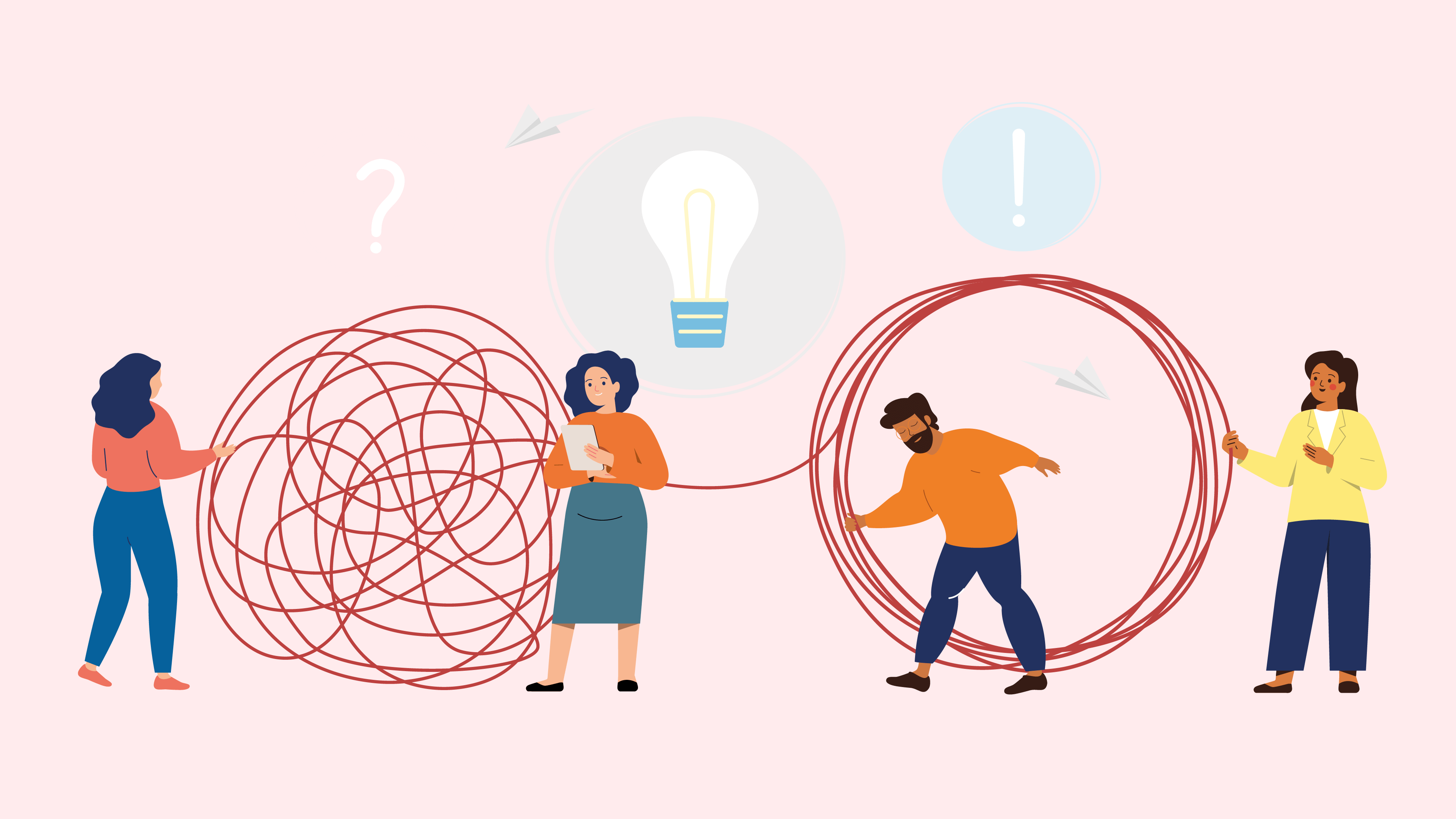 An illustration of colleague unravelling a big ball of string 