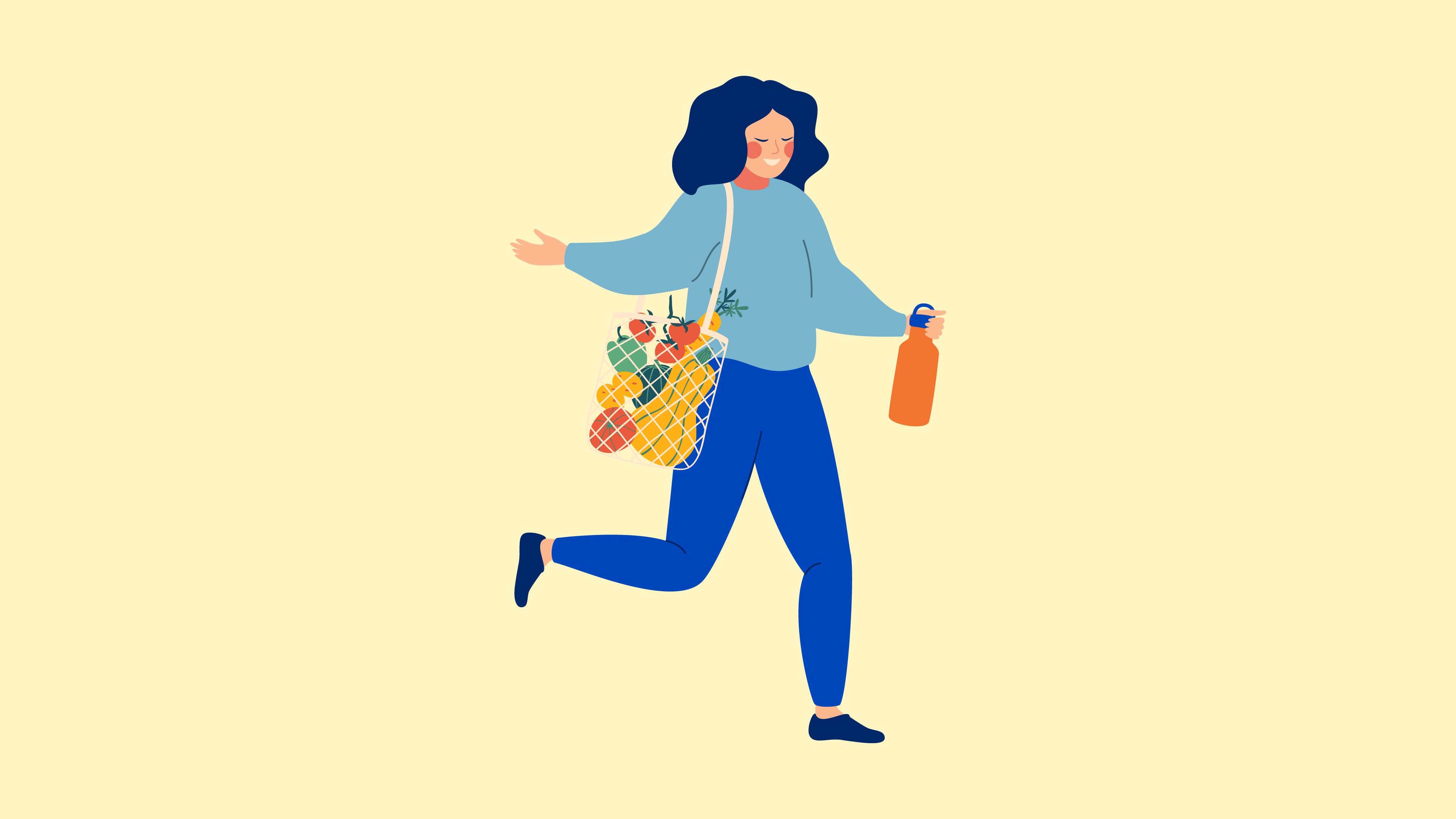 A simple illustration of a woman shopping looking happy 