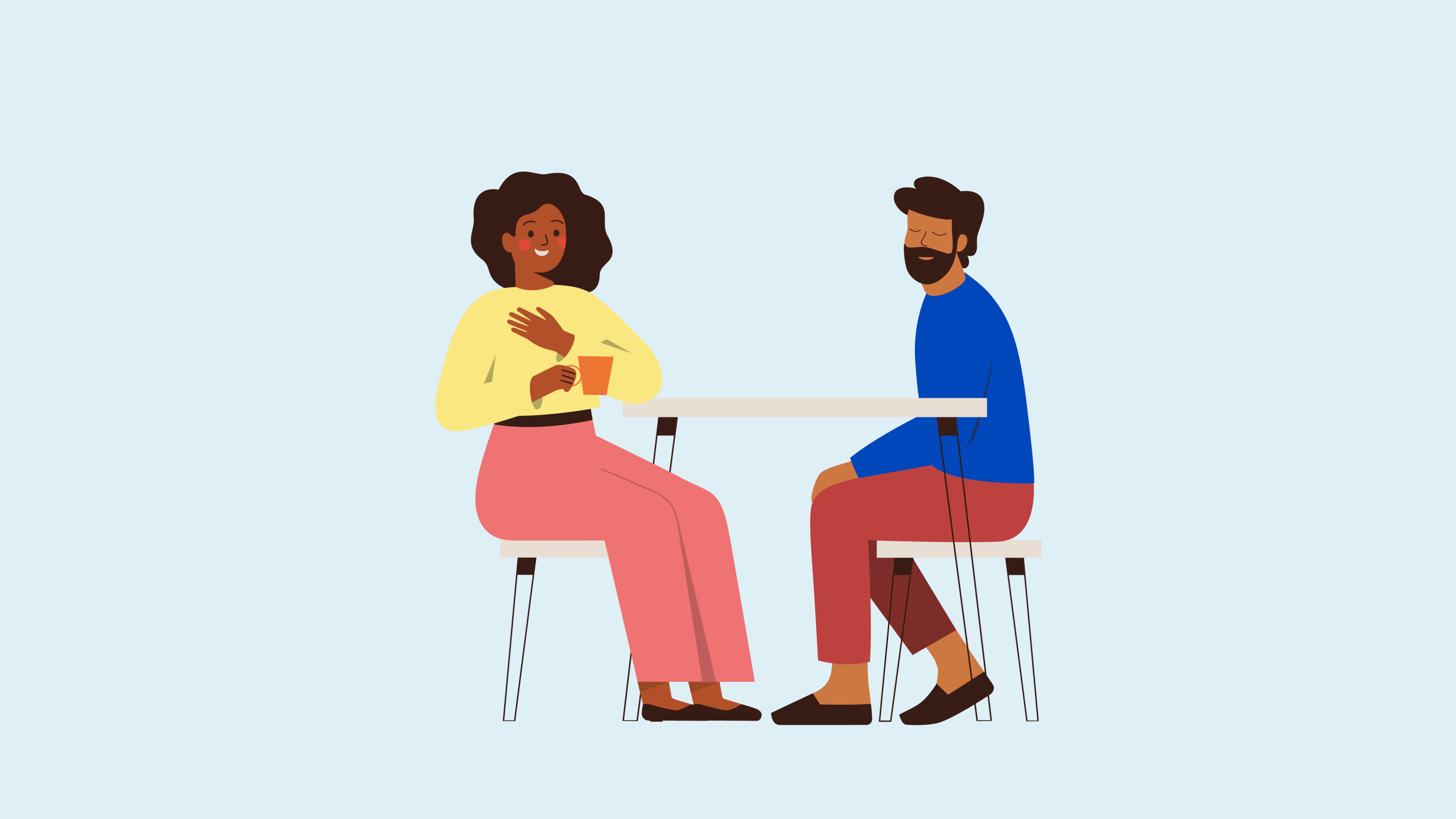 An illustration of a man and a woman chatting at a table 