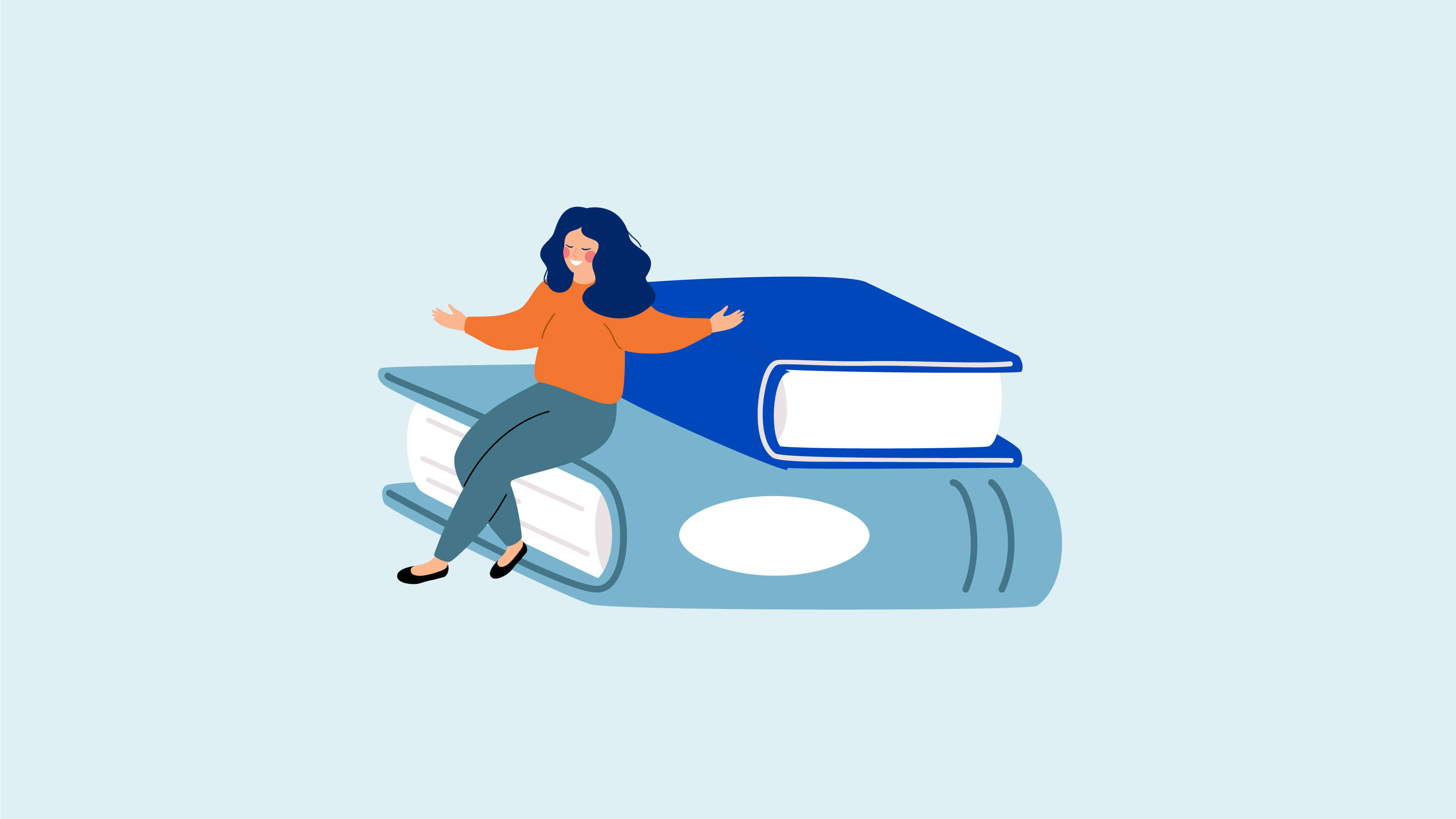 A simple illustration of a woman with some books, symbolising research