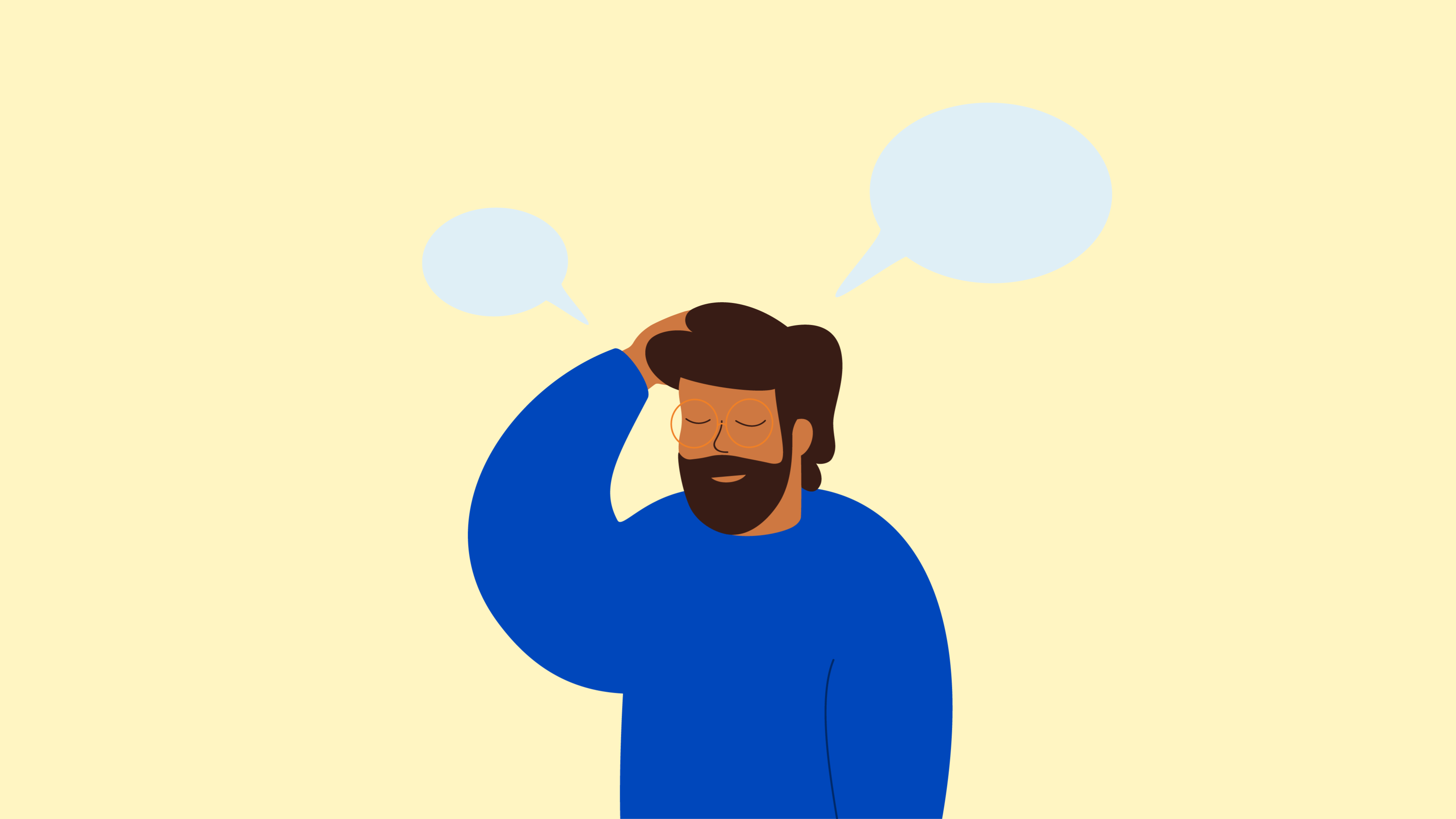An illustration of a man with speech bubbles looking thoughtful 